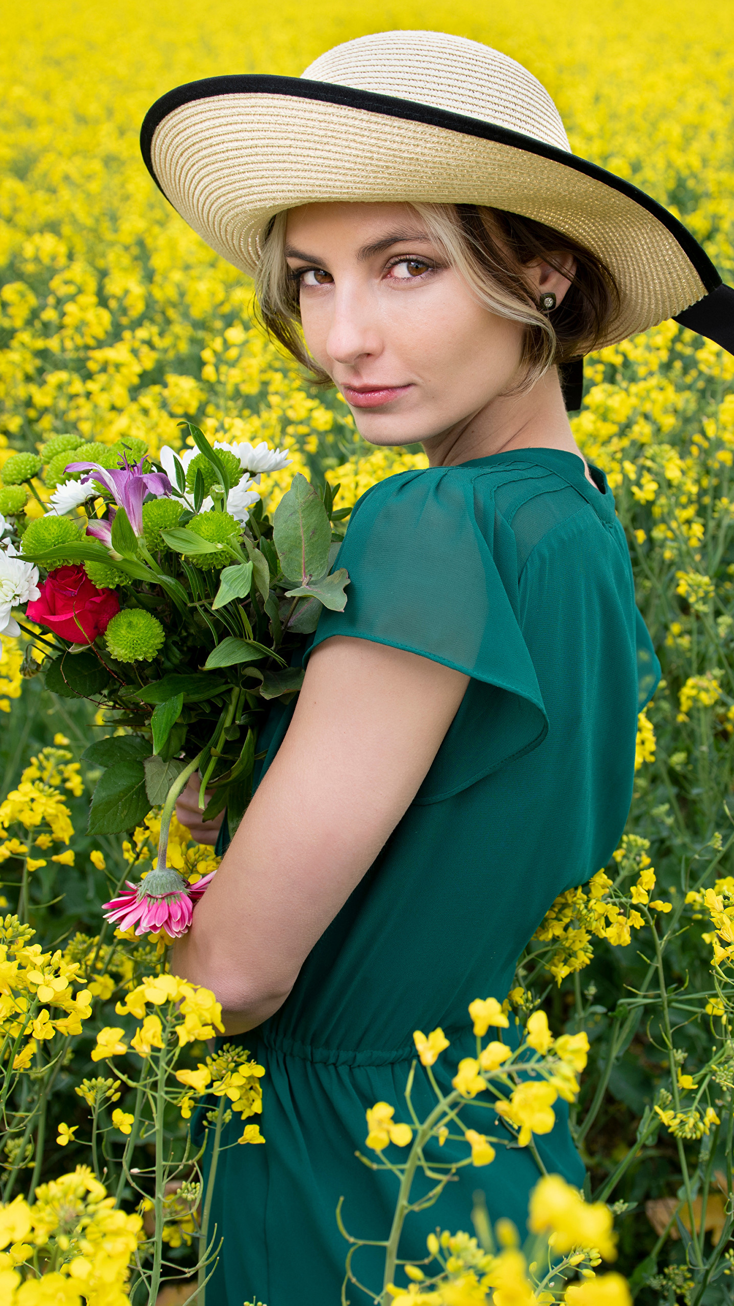 Download mobile wallpaper Flower, Hat, Model, Women, Rapeseed for free.