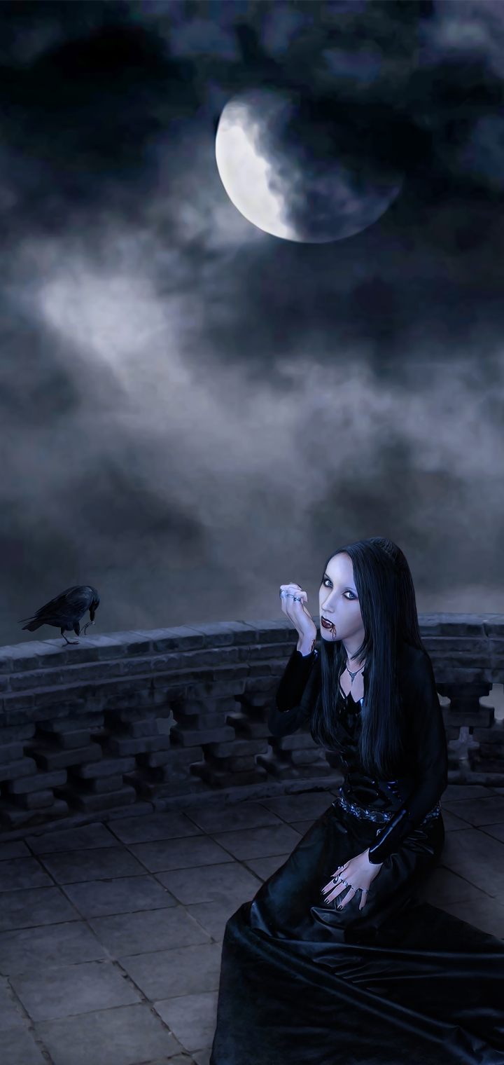 Baixar papel de parede para celular de Fantasia, Gótico, Lua, Escuro, Escuridão, Raven, Corvo, Mulher gratuito.