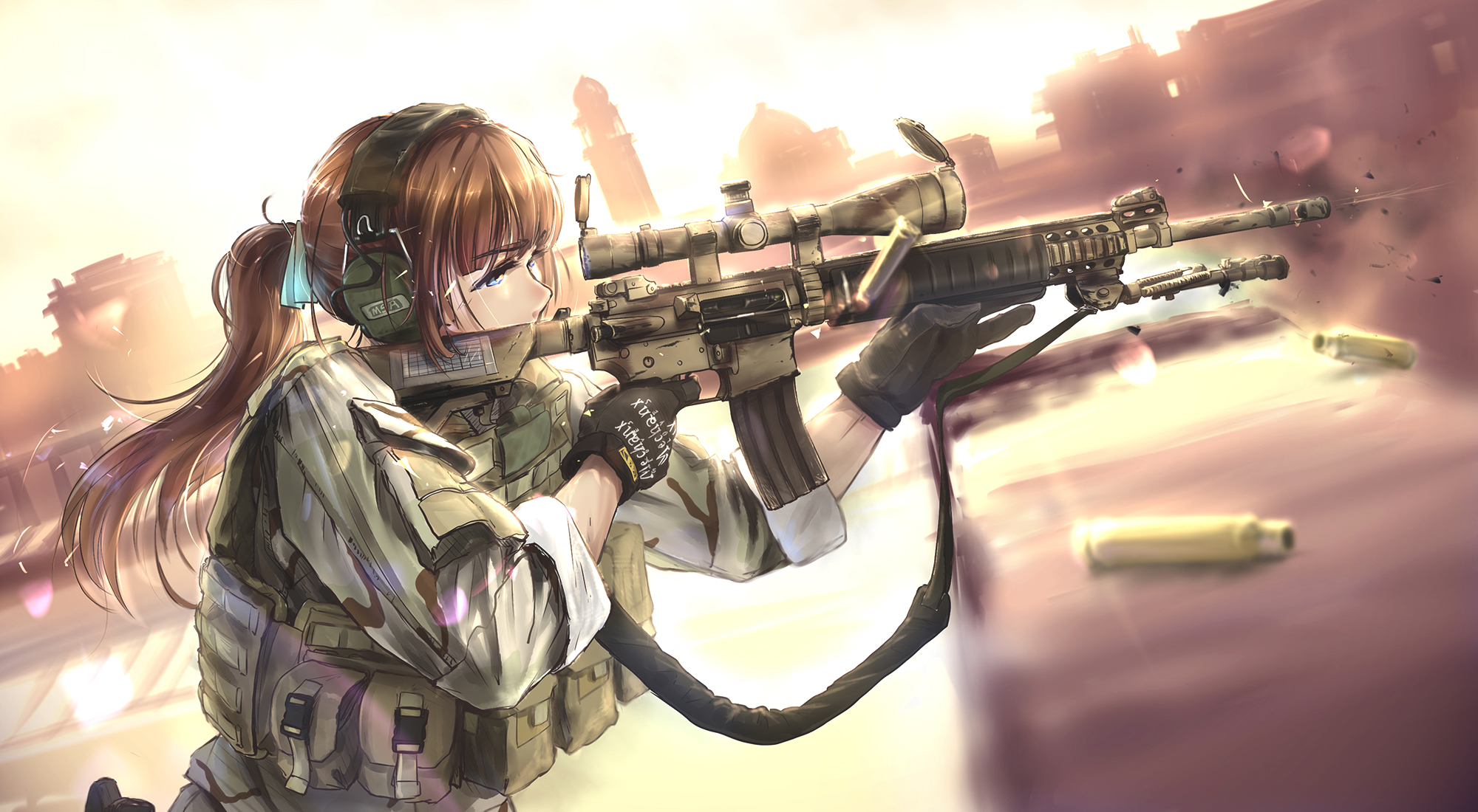 Free download wallpaper Anime, Headphones, Weapon, Military, Soldier, Brown Hair on your PC desktop