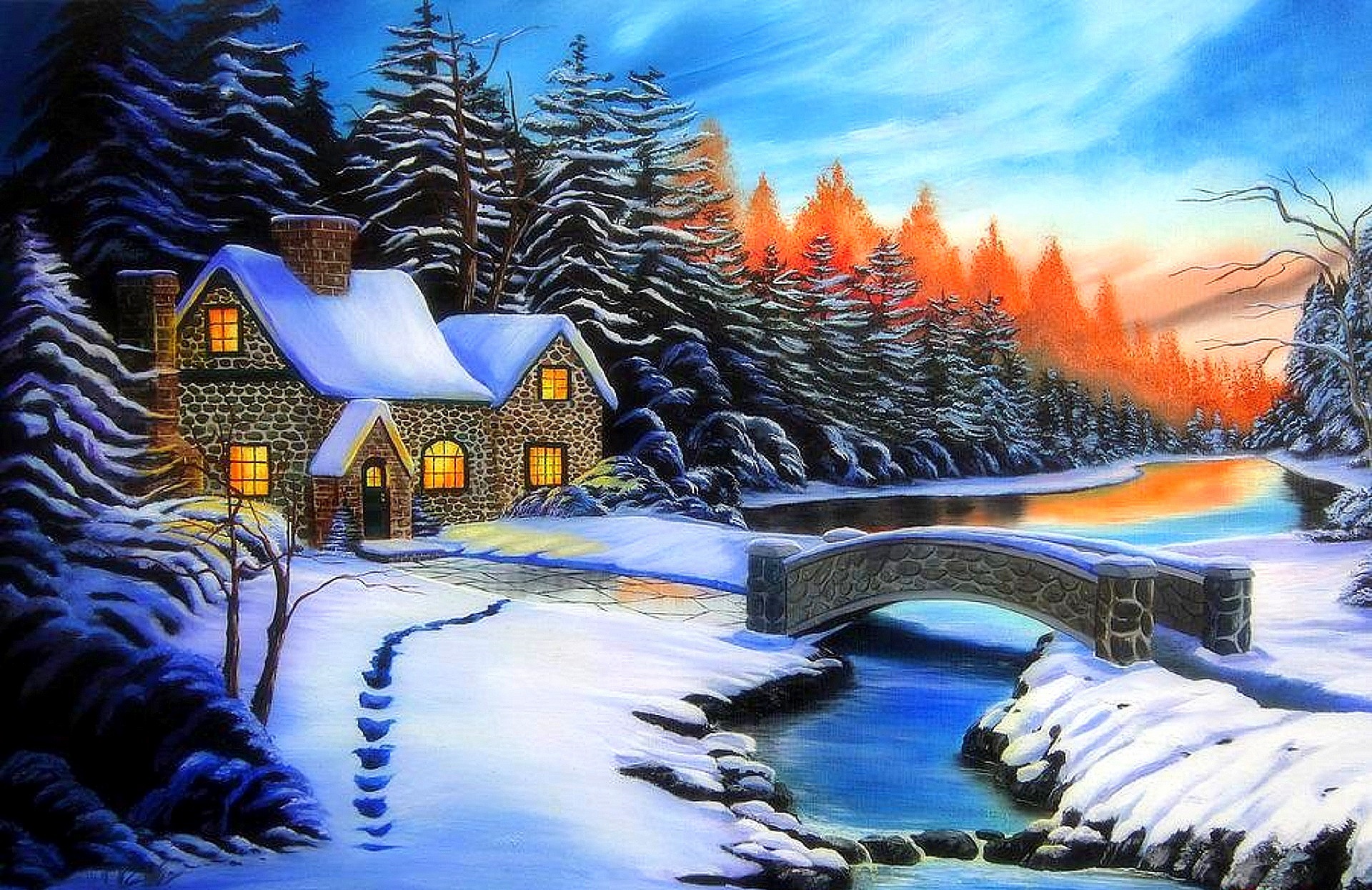 Laden Sie das Winter, Schnee, Wald, Fluss, Haus, Brücke, Künstlerisch-Bild kostenlos auf Ihren PC-Desktop herunter