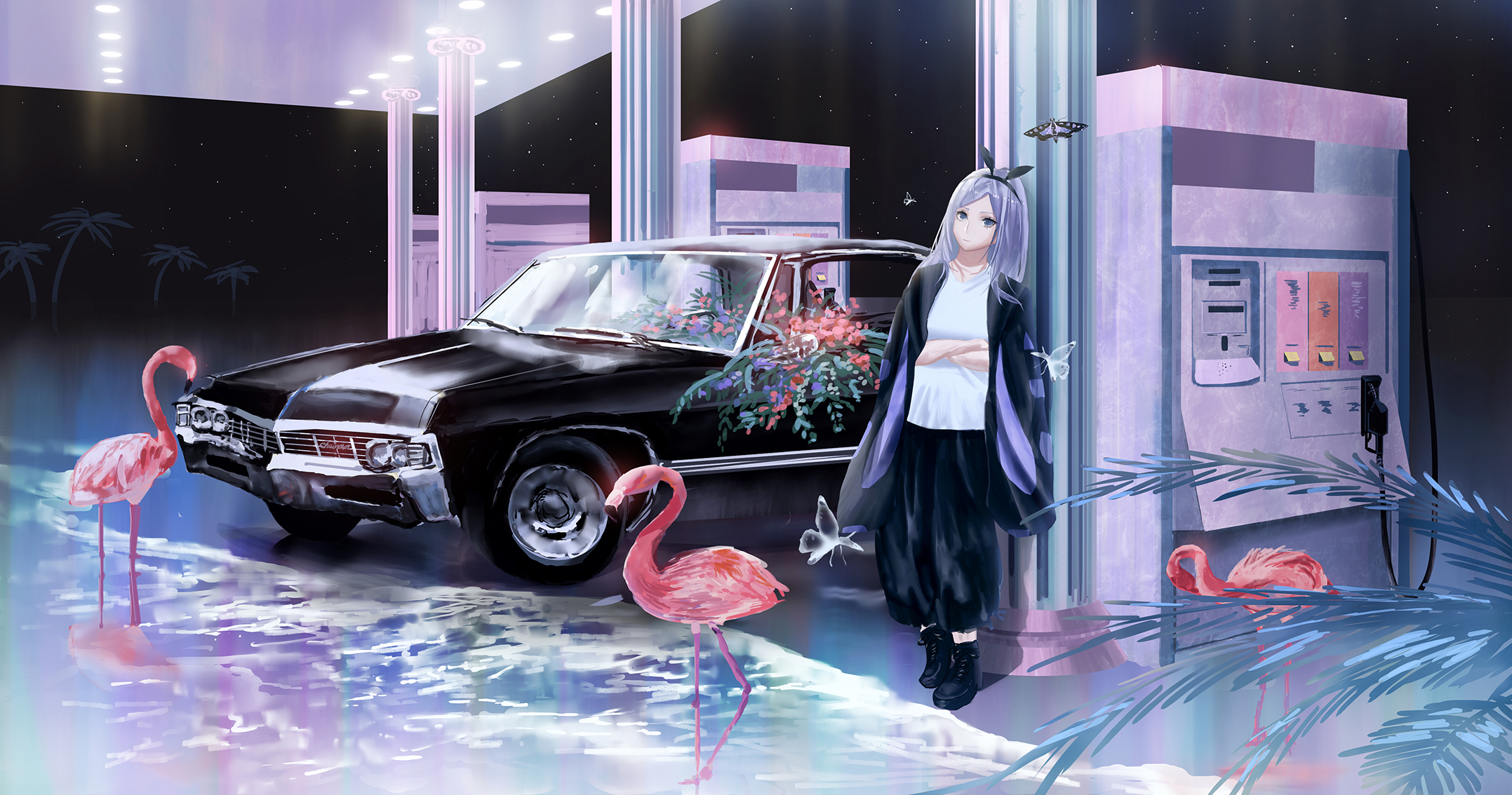 967430 Bild herunterladen animes, original, autos, flamingo, tankstelle - Hintergrundbilder und Bildschirmschoner kostenlos