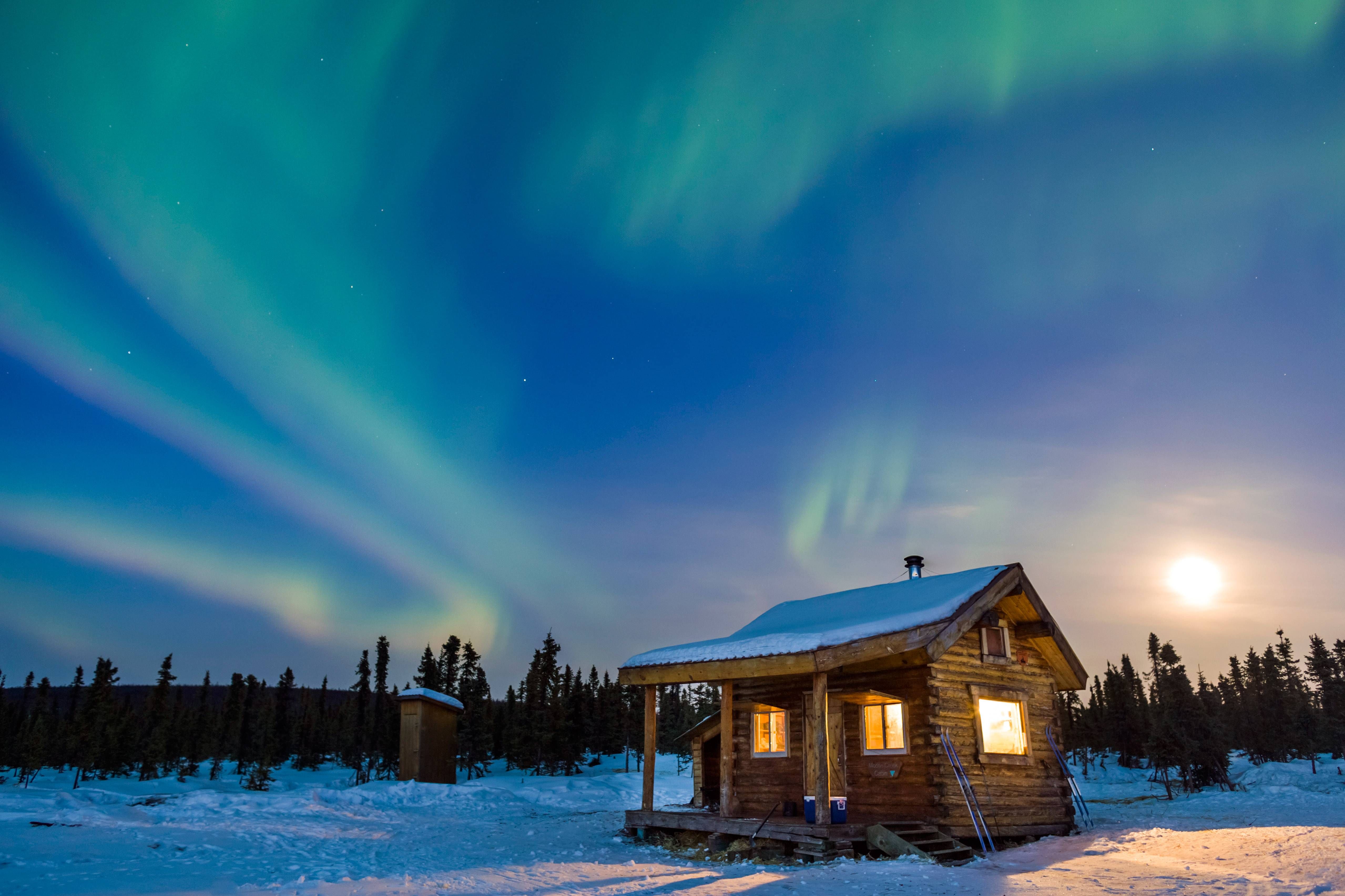 earth, aurora borealis, cabin, snow, winter