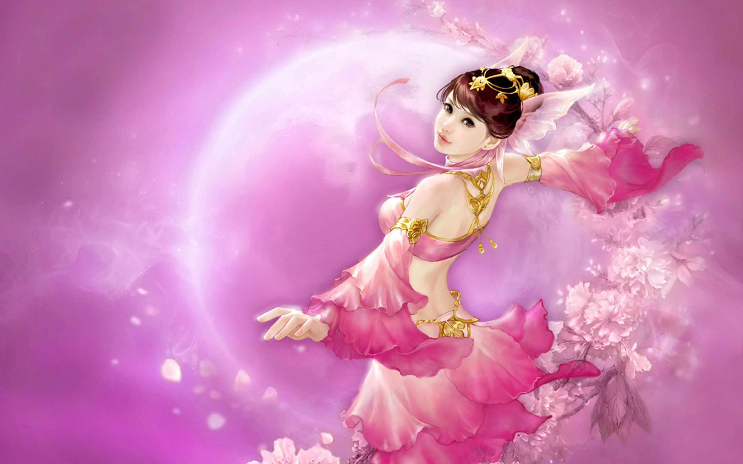 Free download wallpaper Fantasy, Pink, Flower, Women on your PC desktop