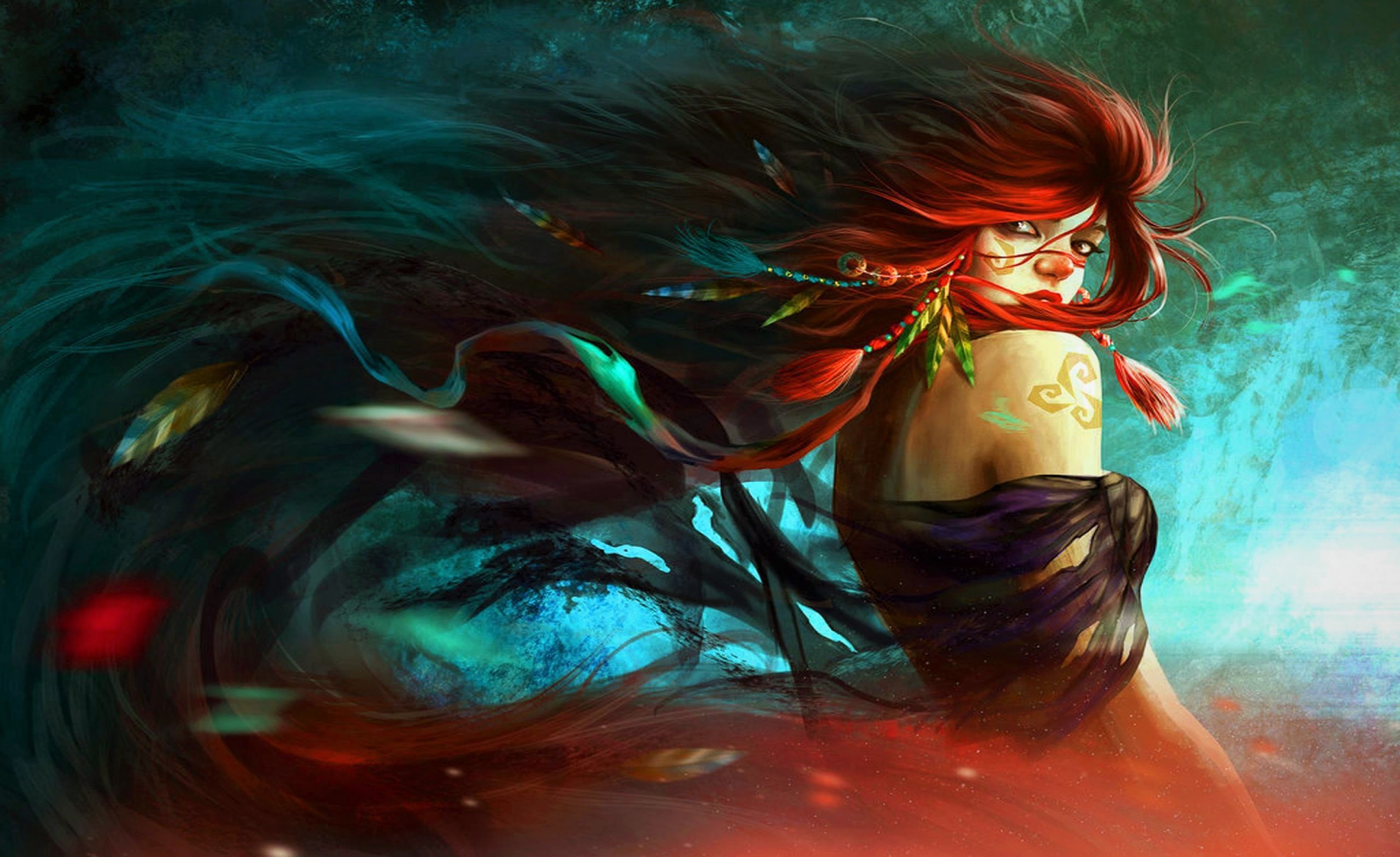 Download mobile wallpaper Fantasy, Feather, Hair, Women, Red Hair for free.