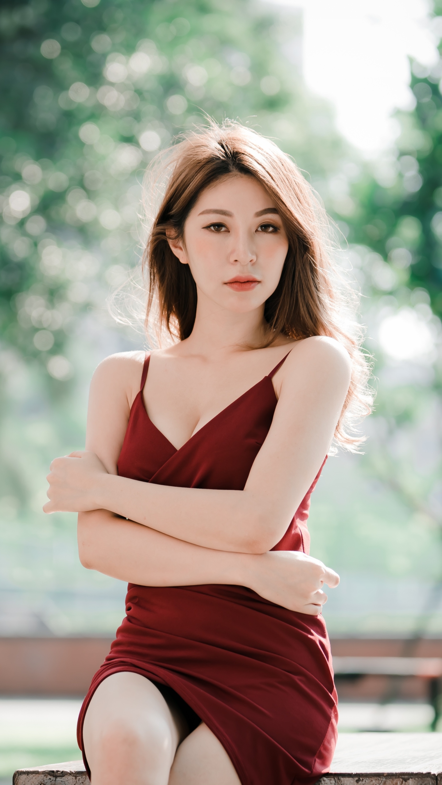 Download mobile wallpaper Brunette, Model, Women, Asian, Red Dress, Depth Of Field for free.