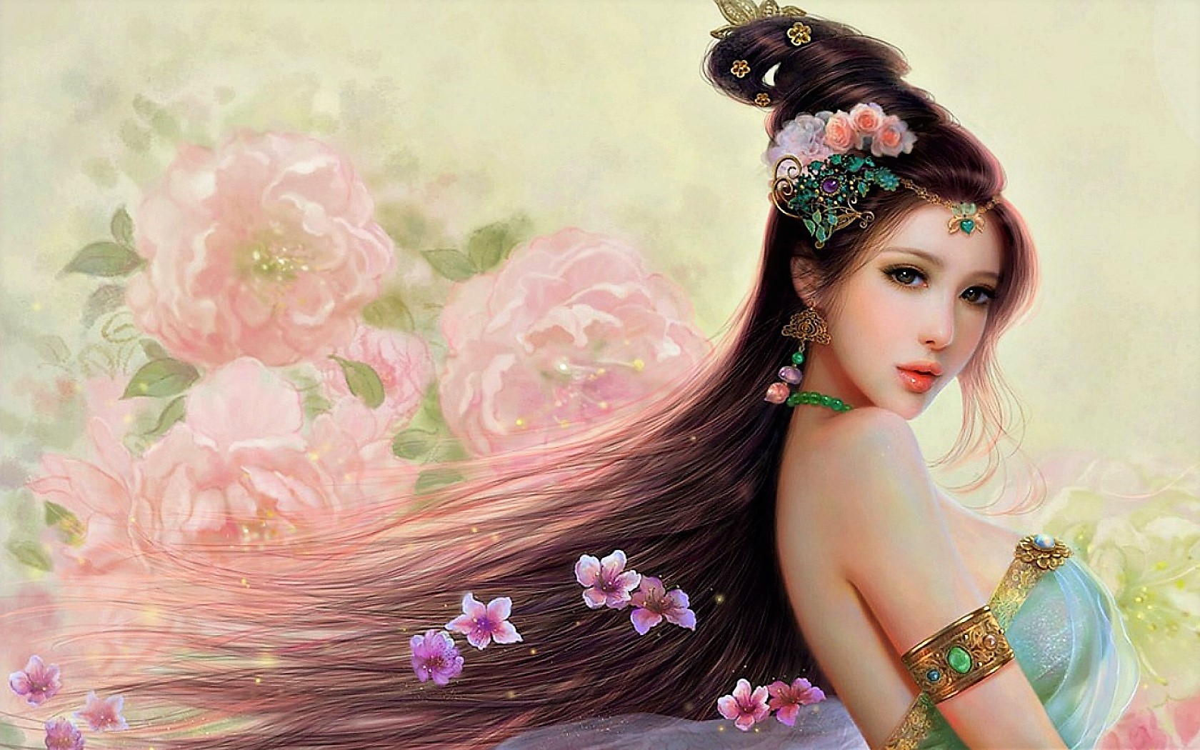 Free download wallpaper Fantasy, Jewelry, Flower, Women, Asian on your PC desktop
