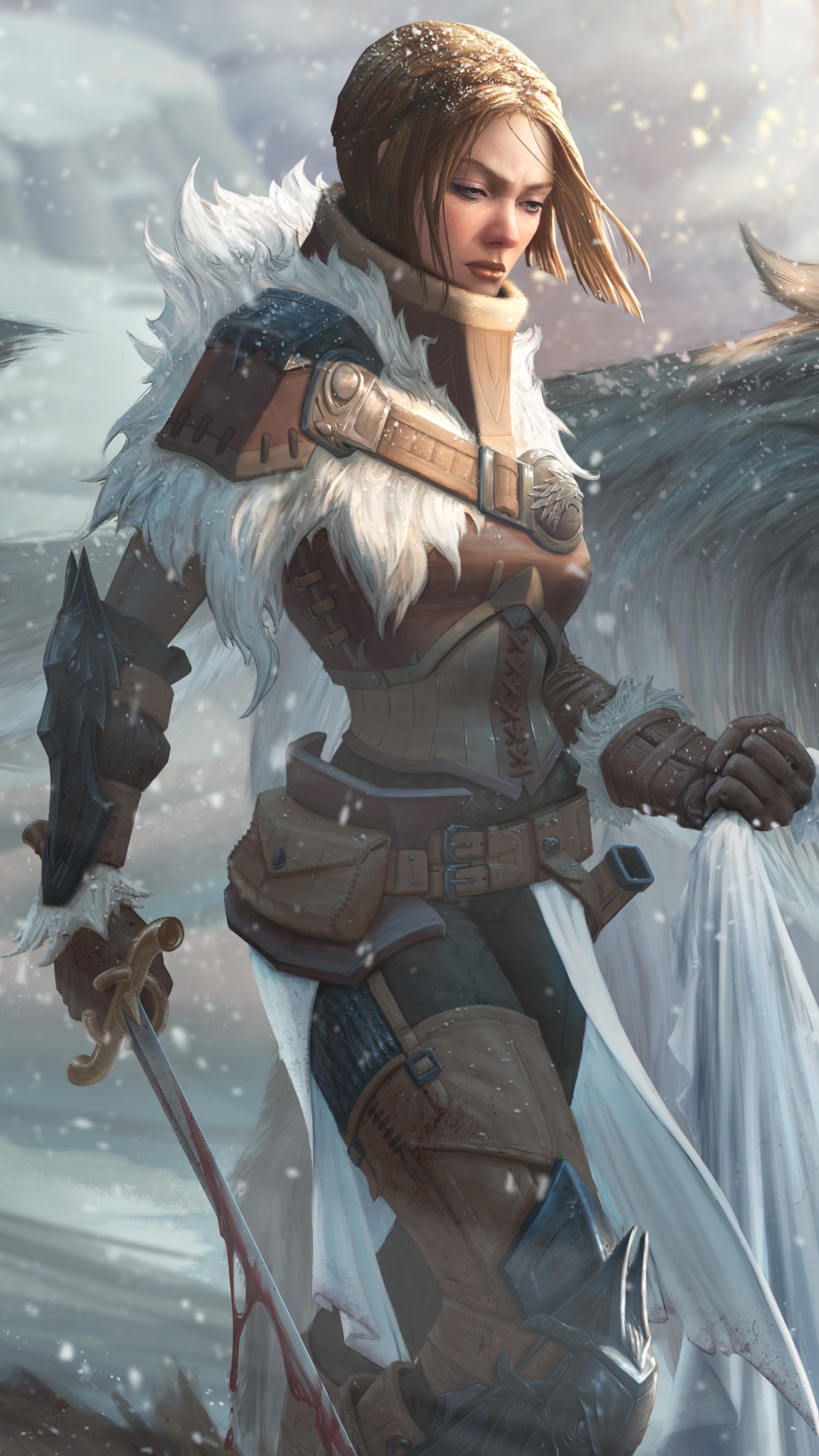 Download mobile wallpaper Fantasy, Blood, Wolf, Snowfall, Sword, Women Warrior, Woman Warrior for free.