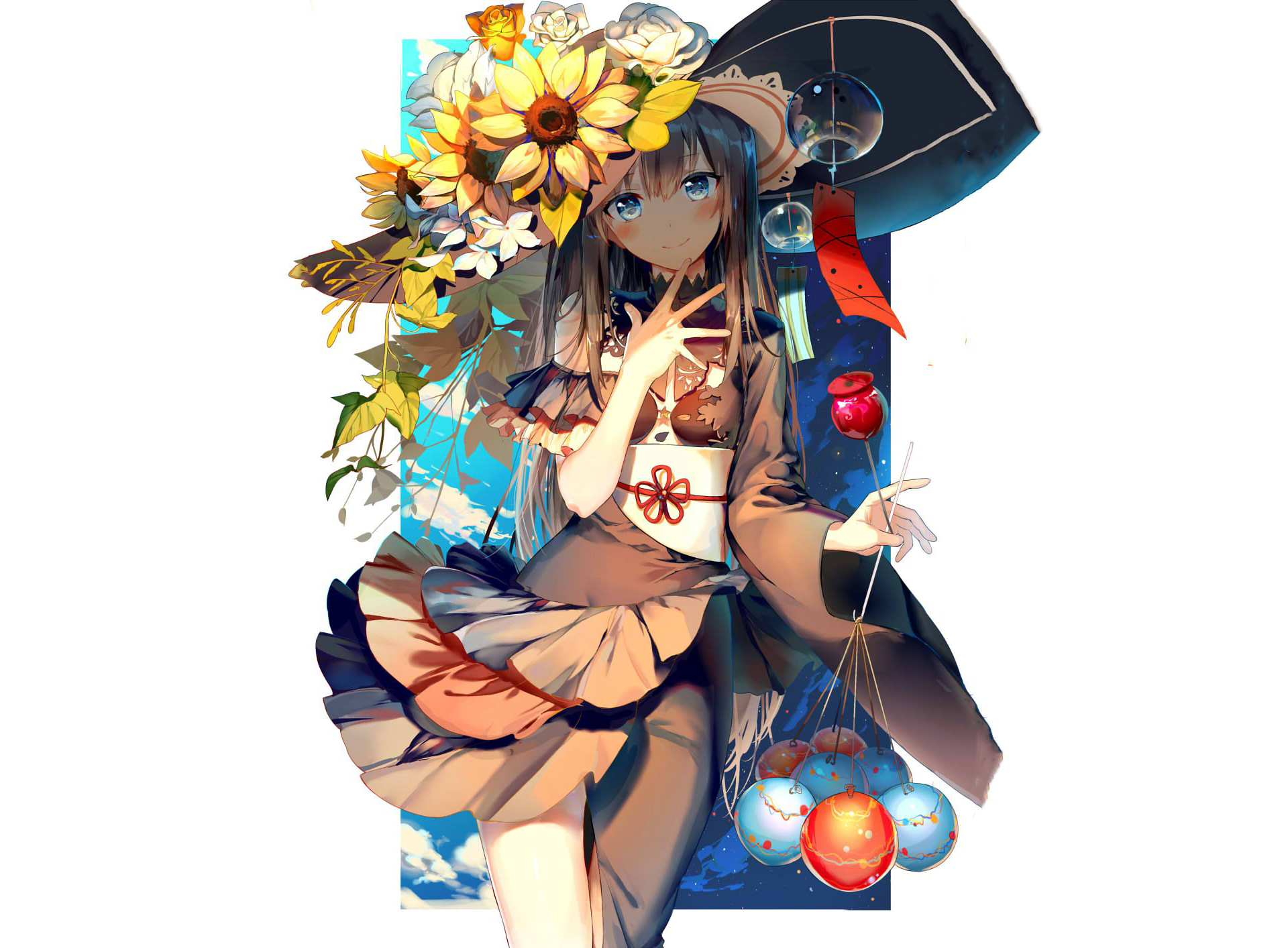anime, original, ball, dress, flower, straw hat