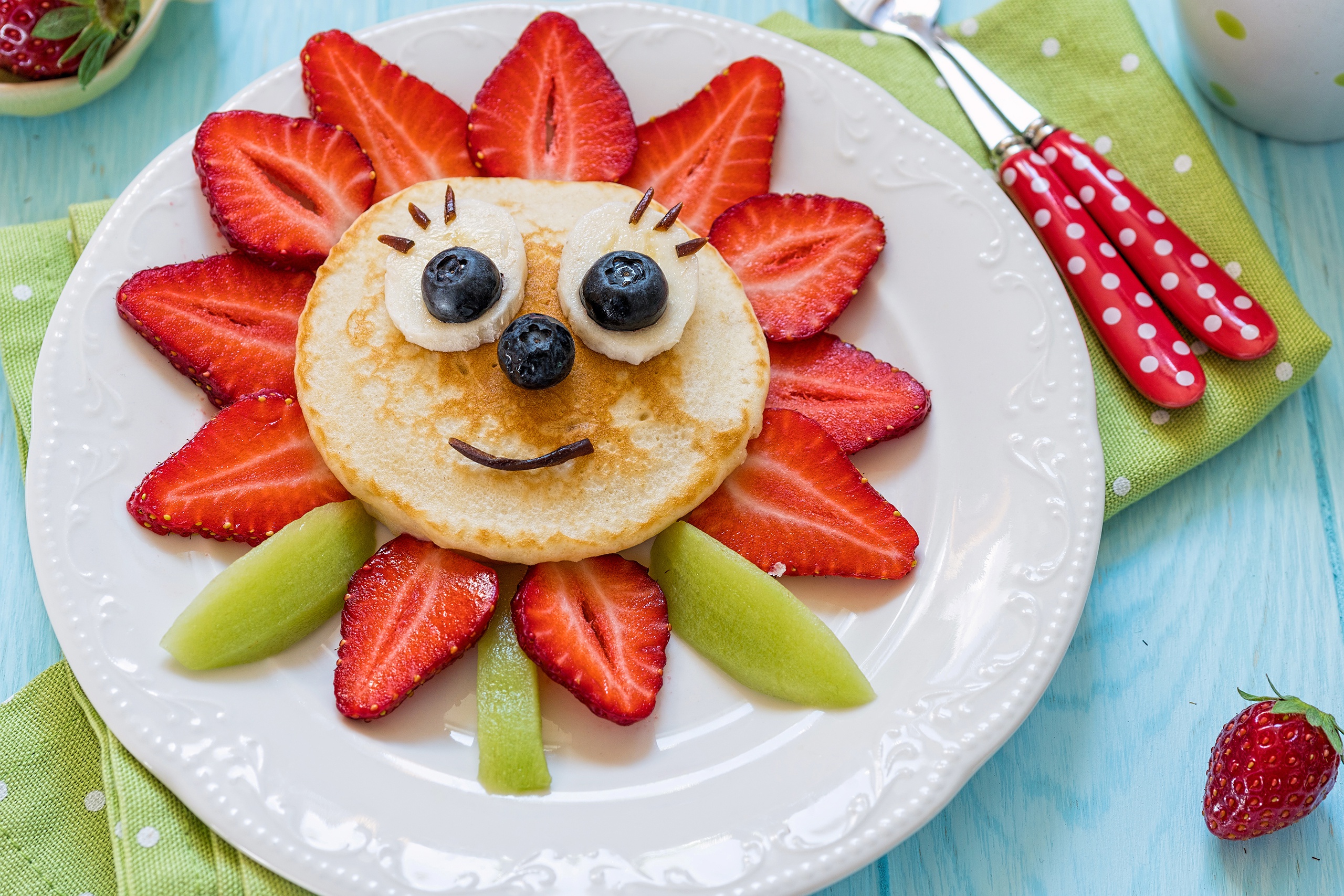 Free download wallpaper Food, Strawberry, Face, Breakfast, Pancake on your PC desktop
