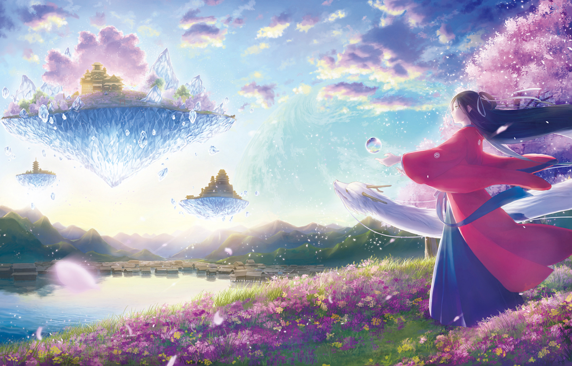 anime, original, black hair, cloud, floating island, flower, landscape, long hair, sky, tree