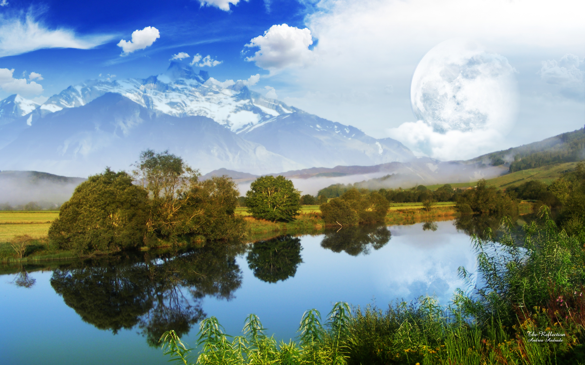 Free download wallpaper Landscape, Mountain, Lake, Tree, Artistic on your PC desktop