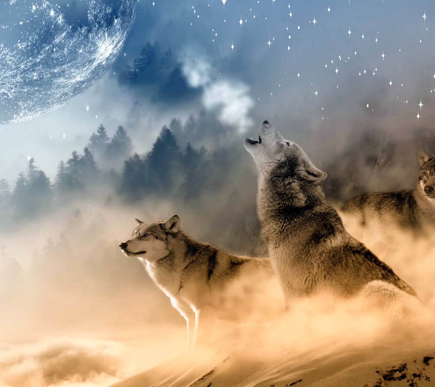Download mobile wallpaper Fantasy, Moon, Wolf, Animal, Wolves for free.