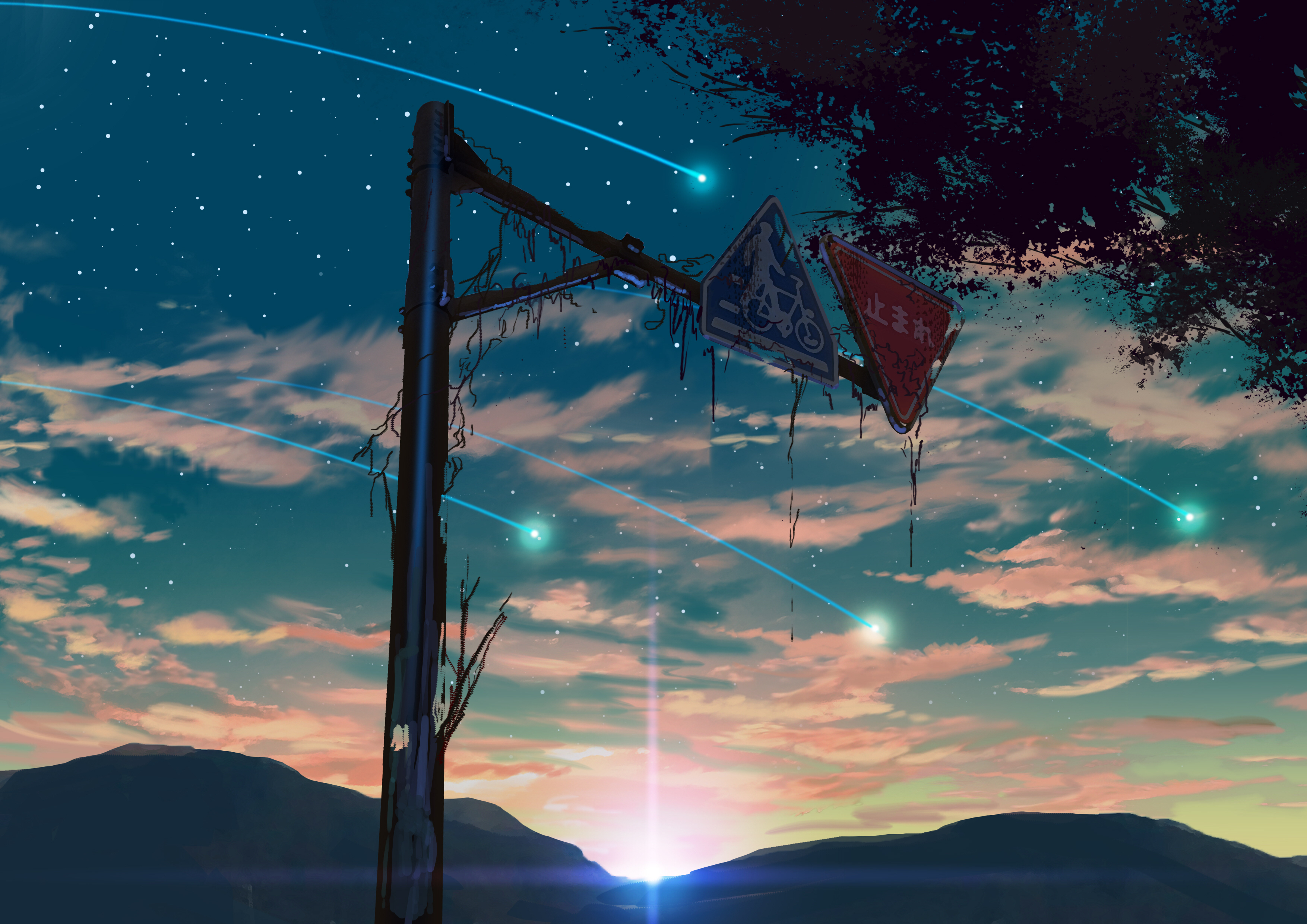 Download mobile wallpaper Anime, Sky, Starry Sky, Sign, Shooting Star, Sunshine for free.