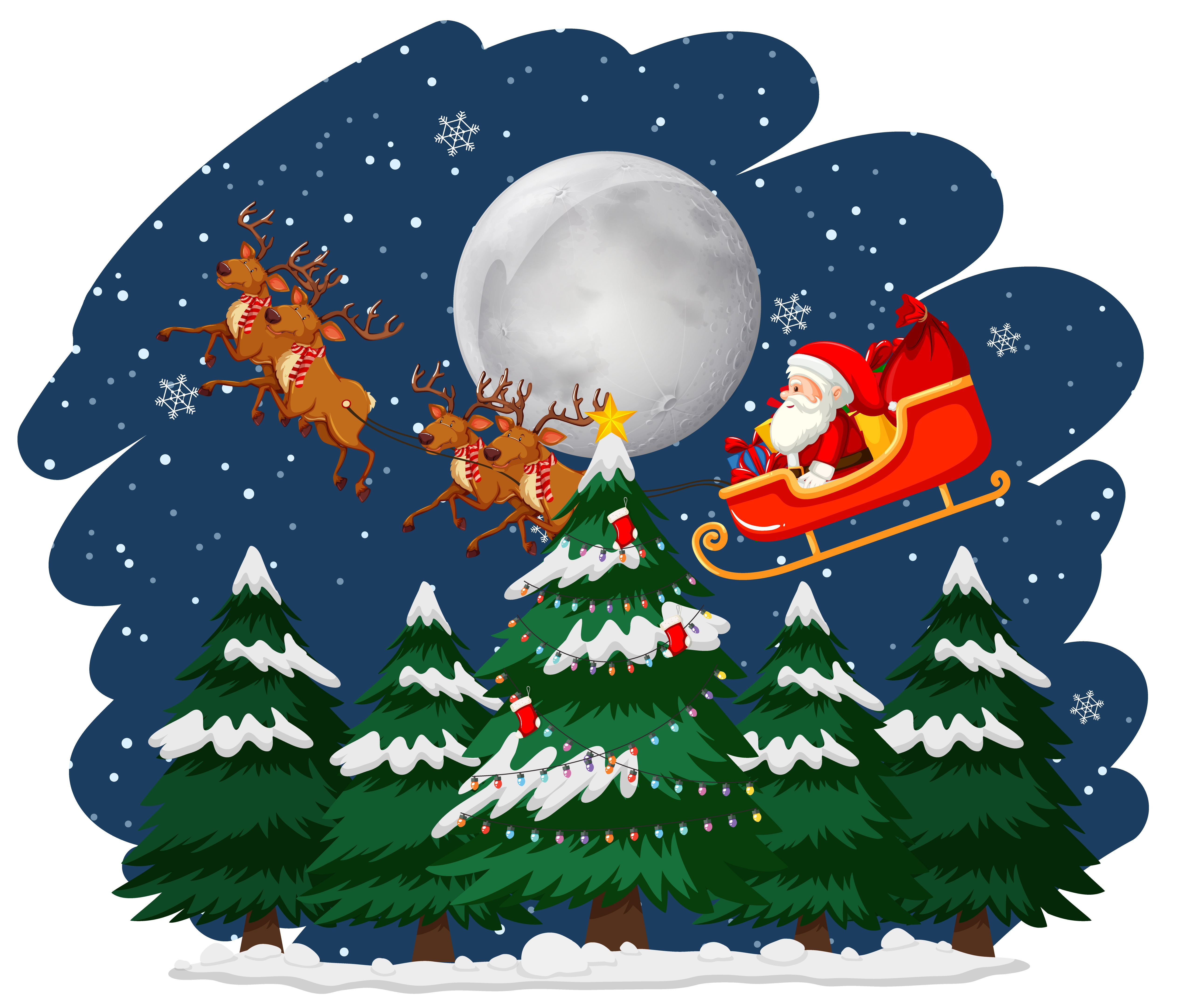 Handy-Wallpaper Feiertage, Weihnachtsmann, Mond, Weihnachten, Hirsch, Schlitten kostenlos herunterladen.