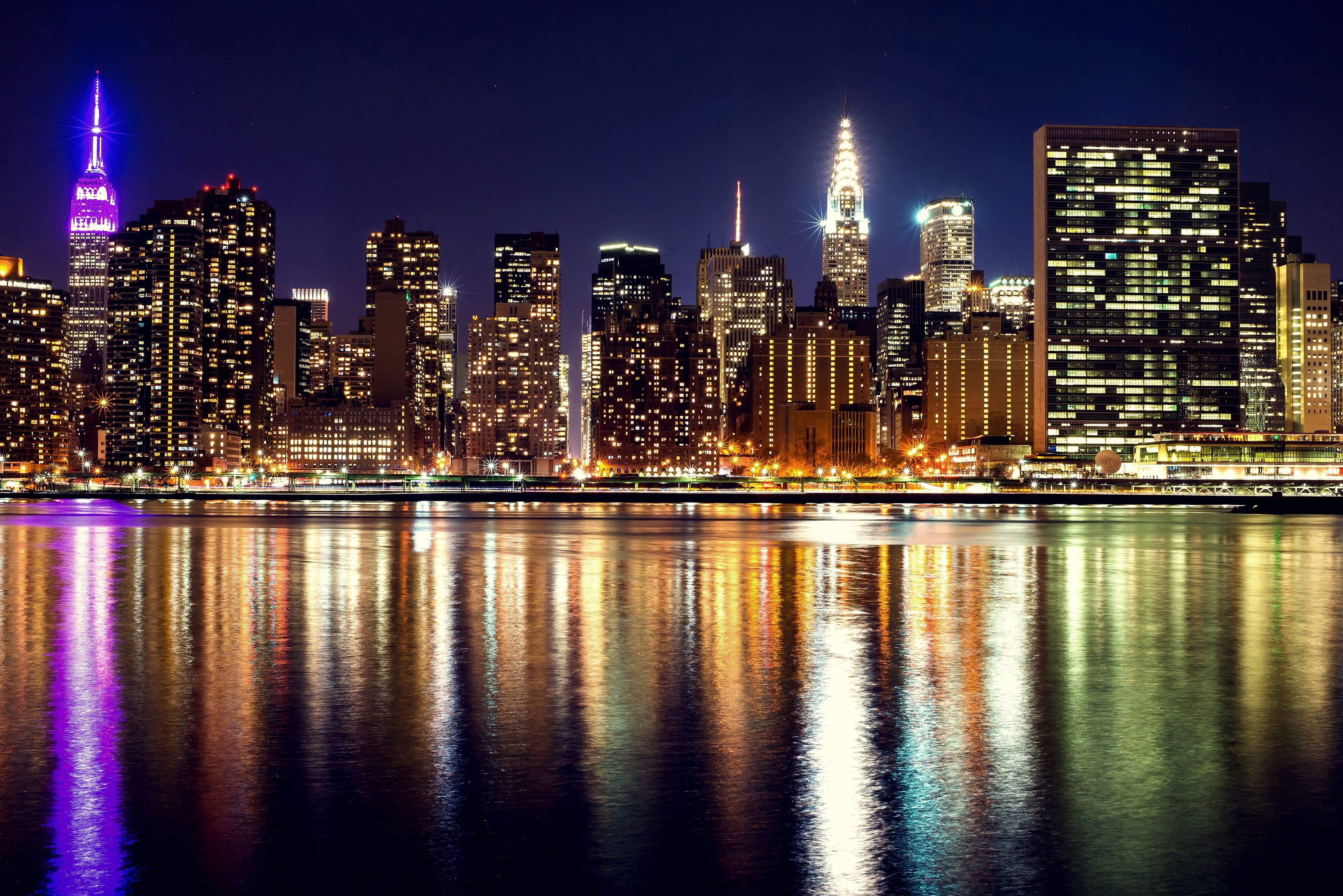 Free download wallpaper Cities, Night, Usa, City, Skyscraper, Building, Reflection, Light, New York, Man Made on your PC desktop