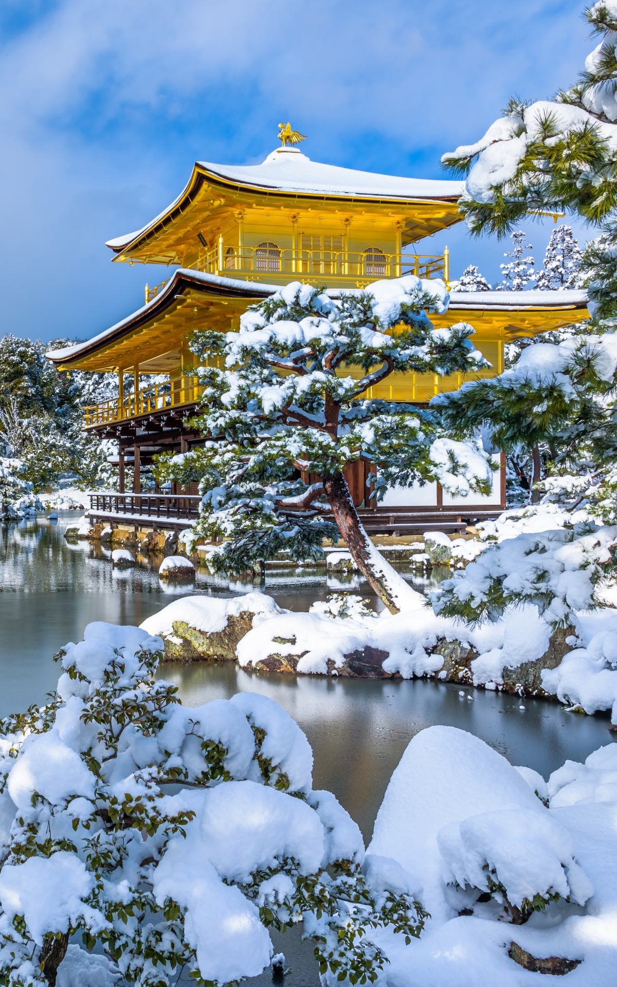 Descarga gratuita de fondo de pantalla para móvil de Invierno, Nieve, Lago, Pagoda, Japón, Religioso.