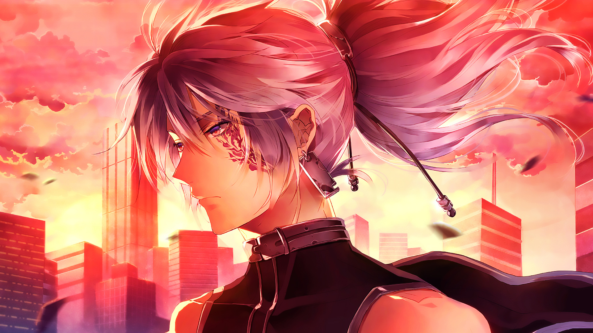 Free download wallpaper Anime, Sunset, City, Tattoo, Cloud, Original, Scenic, Red Eyes, Ponytail on your PC desktop