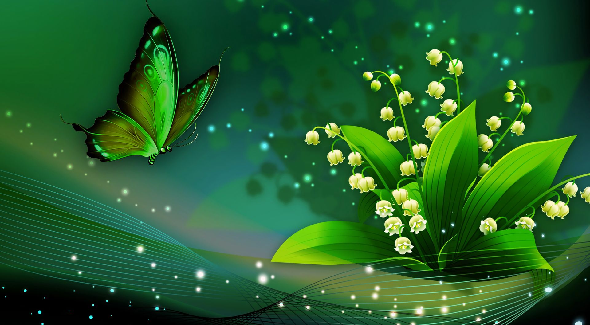 382761 скачать обои ландыш, художественные, цветок, бабочка, зеленый, флауэрсы - заставки и картинки бесплатно
