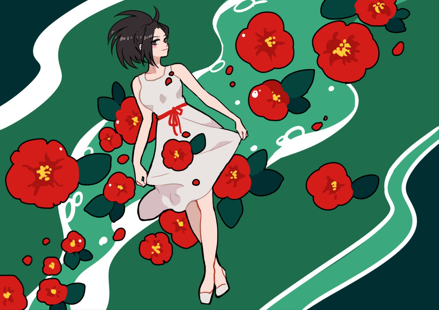 Download mobile wallpaper Anime, Flower, Smile, Dress, Belt, Blush, Black Hair, White Dress, My Hero Academia, Momo Yaoyorozu for free.