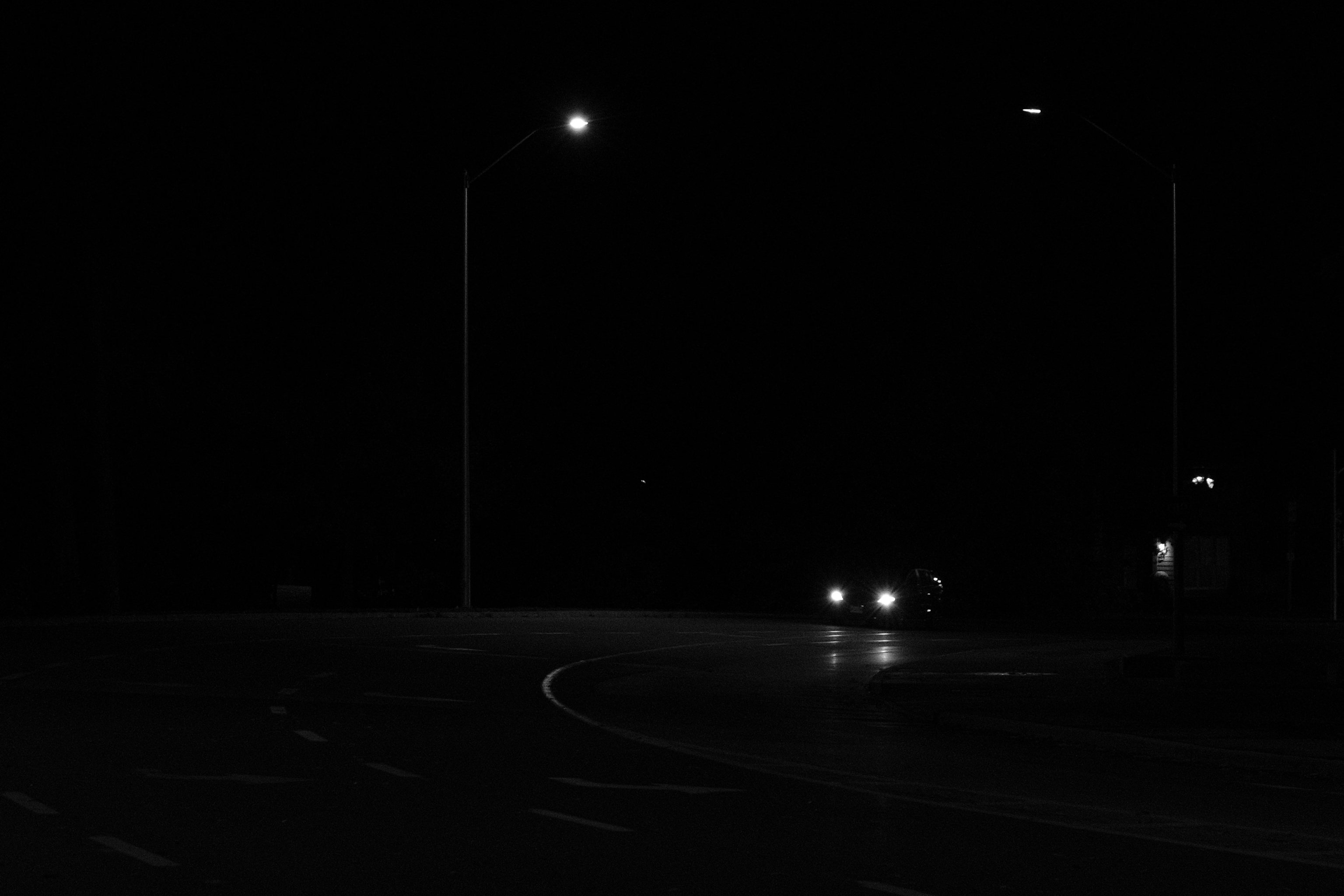 glow, headlights, night, black, lights, dark, road, car, machine