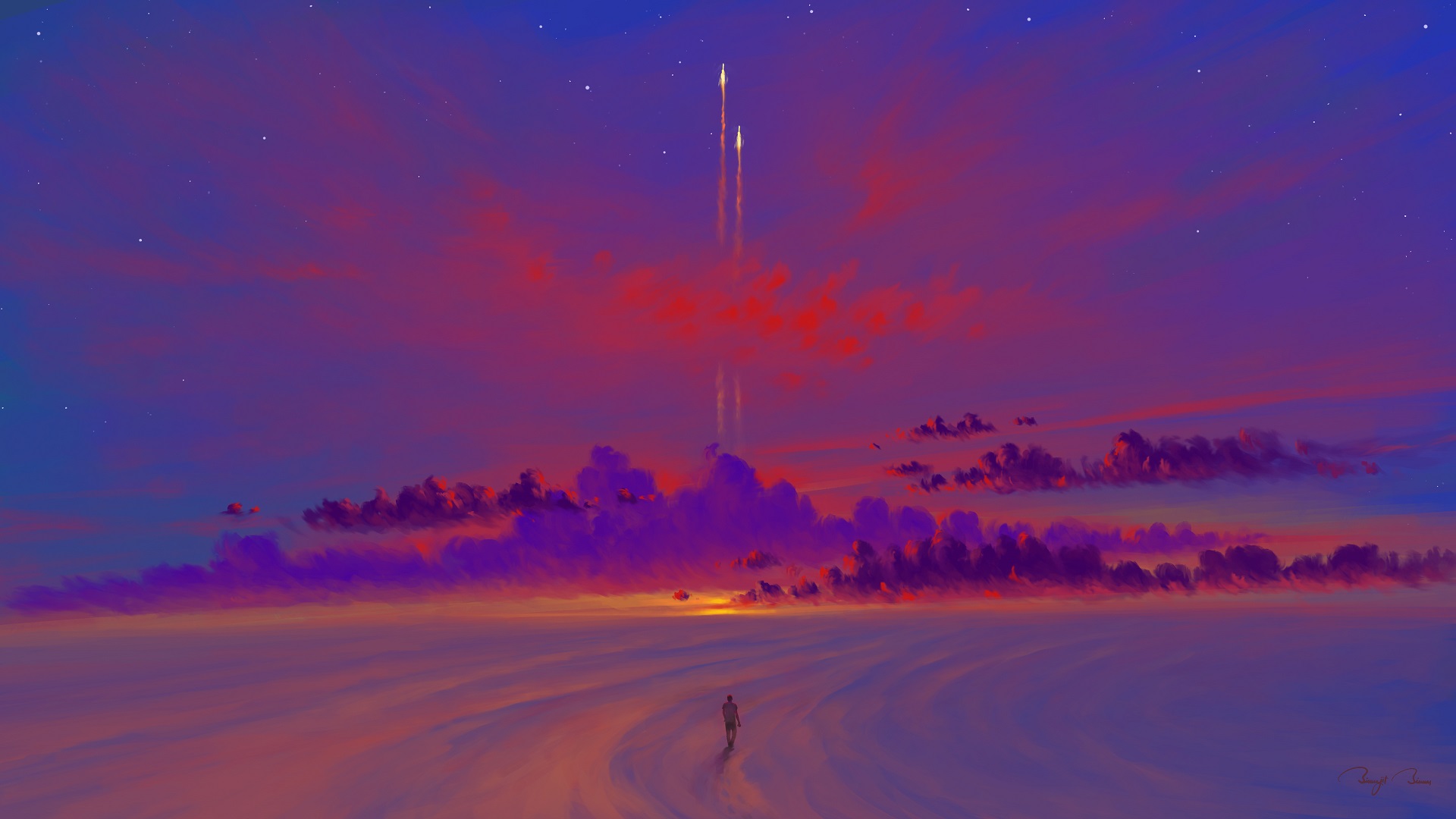 Download mobile wallpaper Landscape, Sky, Rocket, Artistic for free.