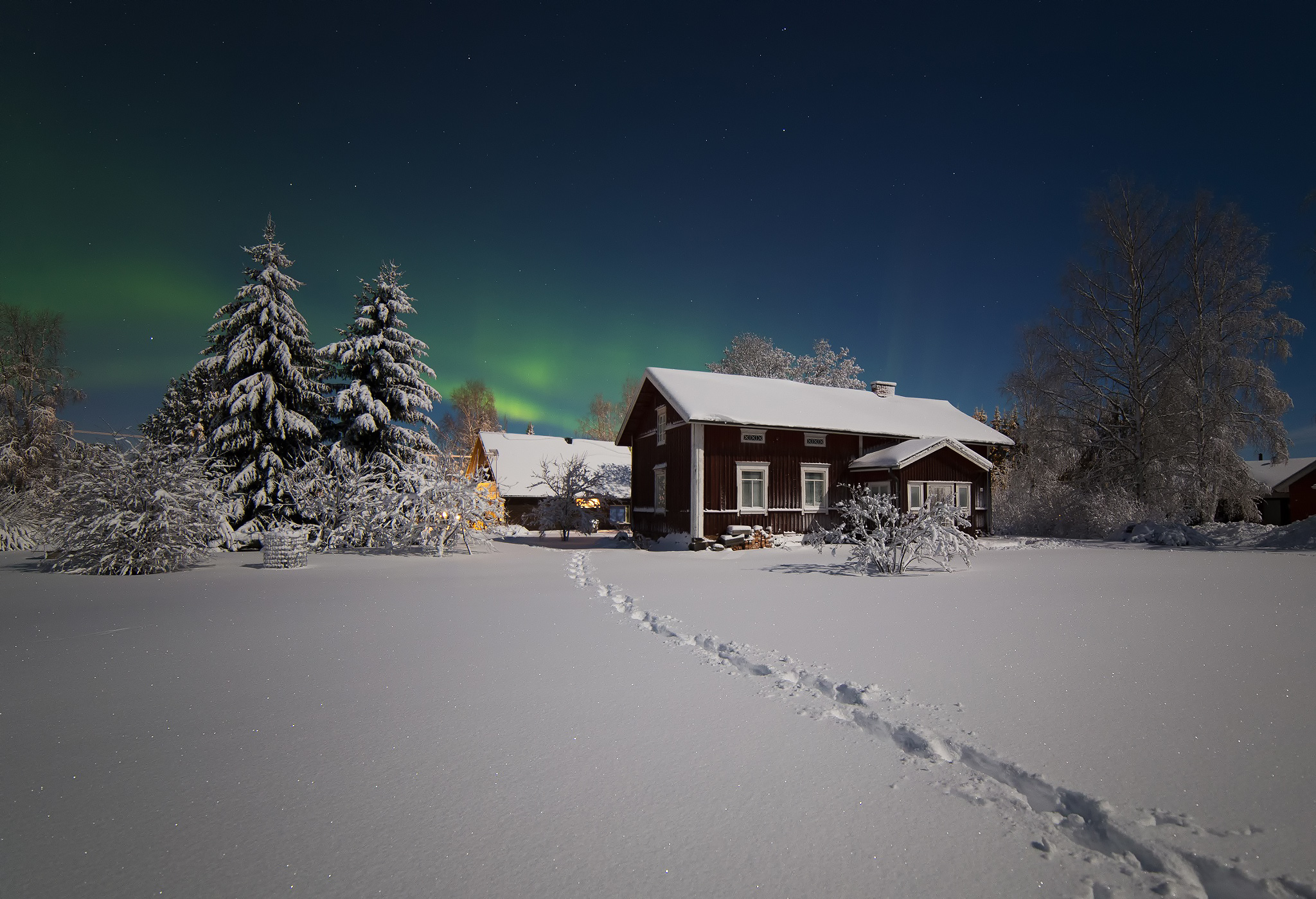 winter, house, snow, aurora borealis, trees, nature, northern lights Full HD