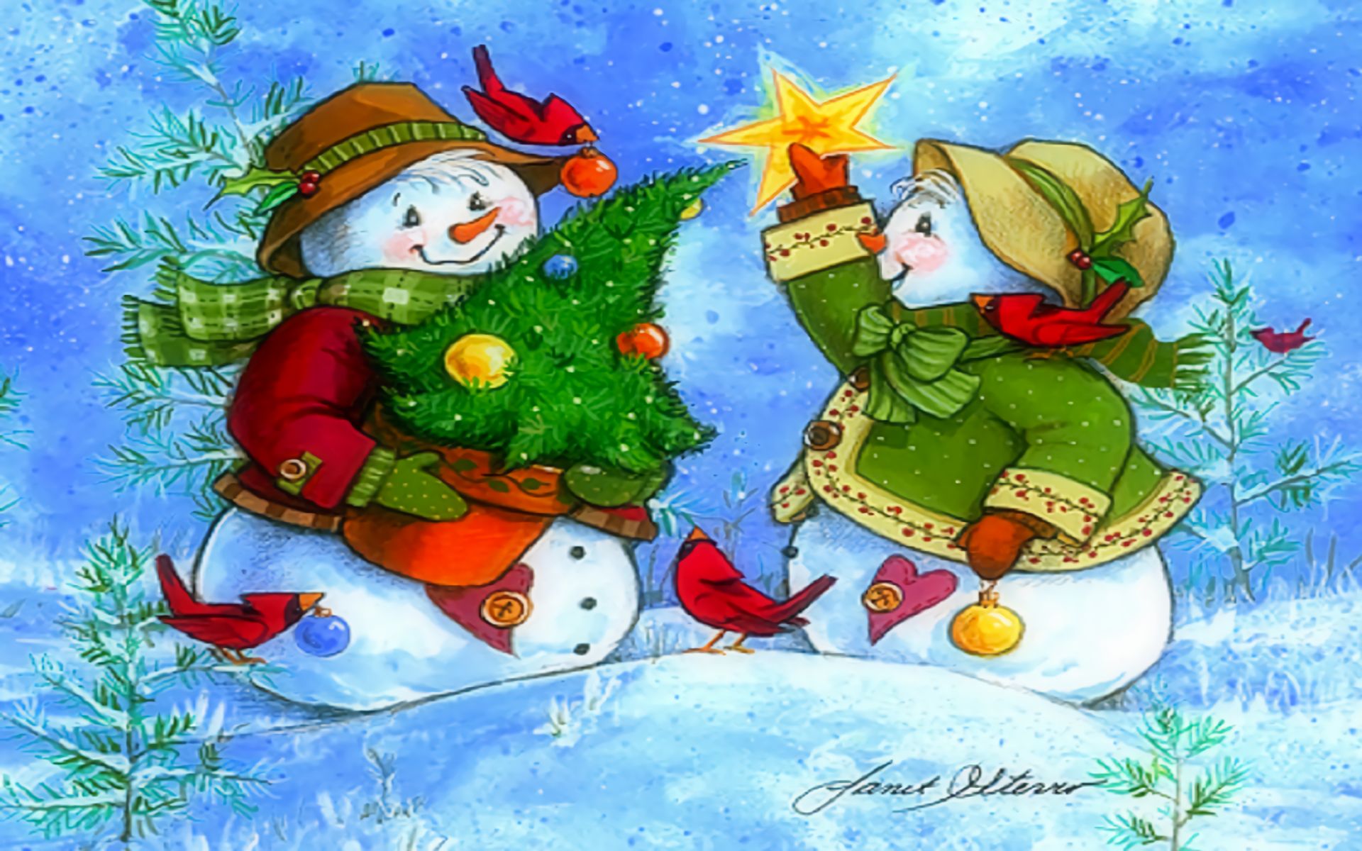 Download mobile wallpaper Winter, Snow, Snowman, Bird, Tree, Artistic for free.