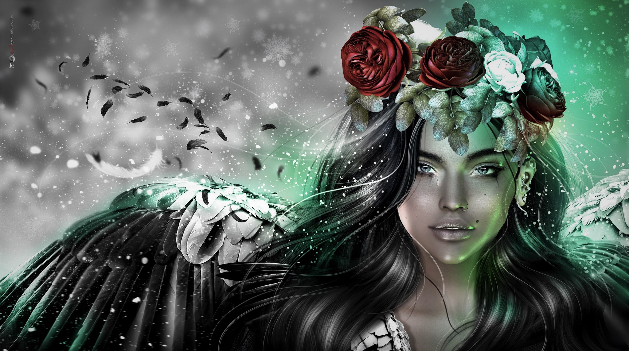 Free download wallpaper Fantasy, Flower, Rose, Wings, Angel, Wreath, Blue Eyes, Black Hair on your PC desktop