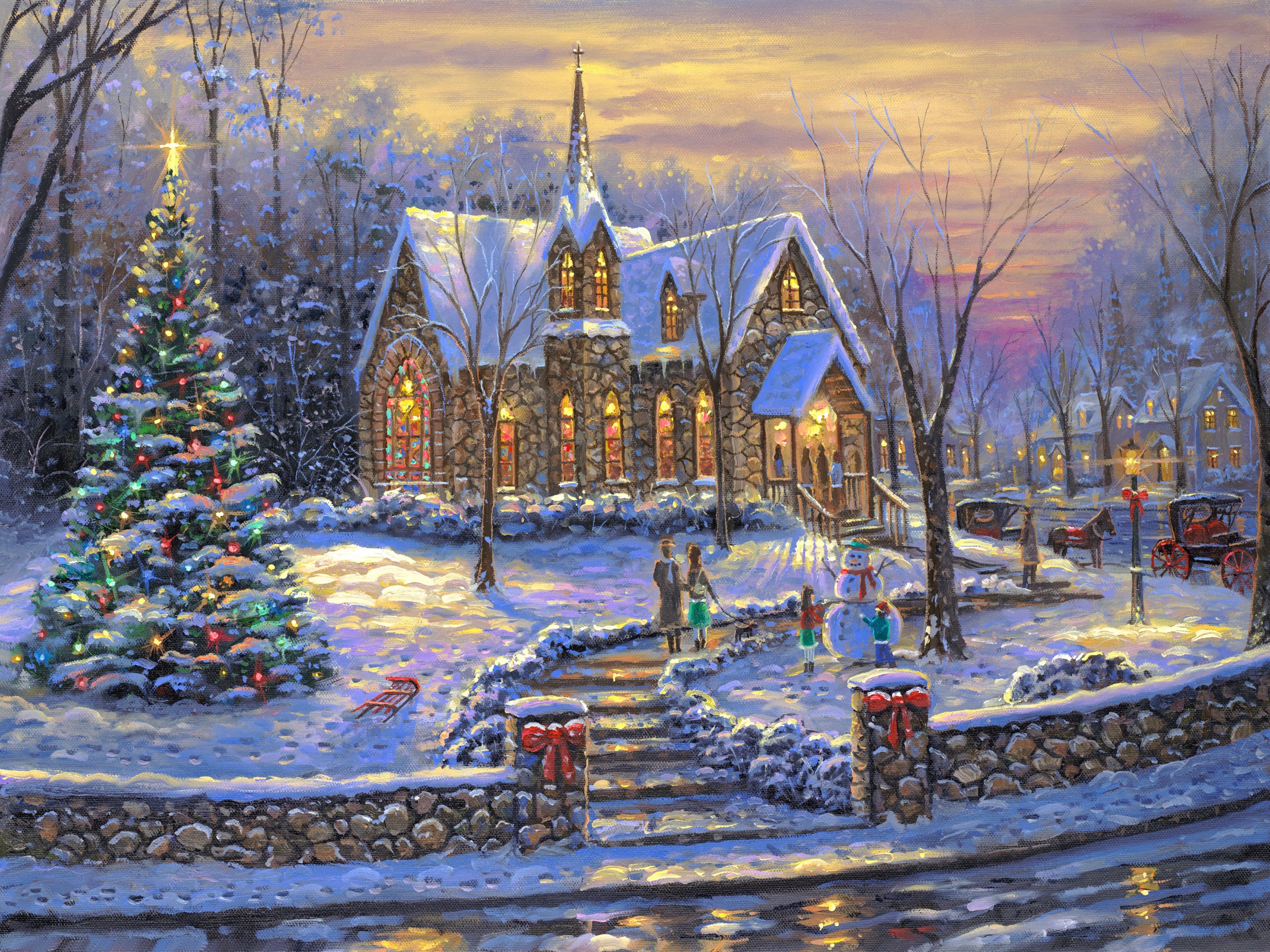 Скачать картинку Зима, Снег, Рождество, Церковь, Картина, Рождественская Елка, Художественные в телефон бесплатно.