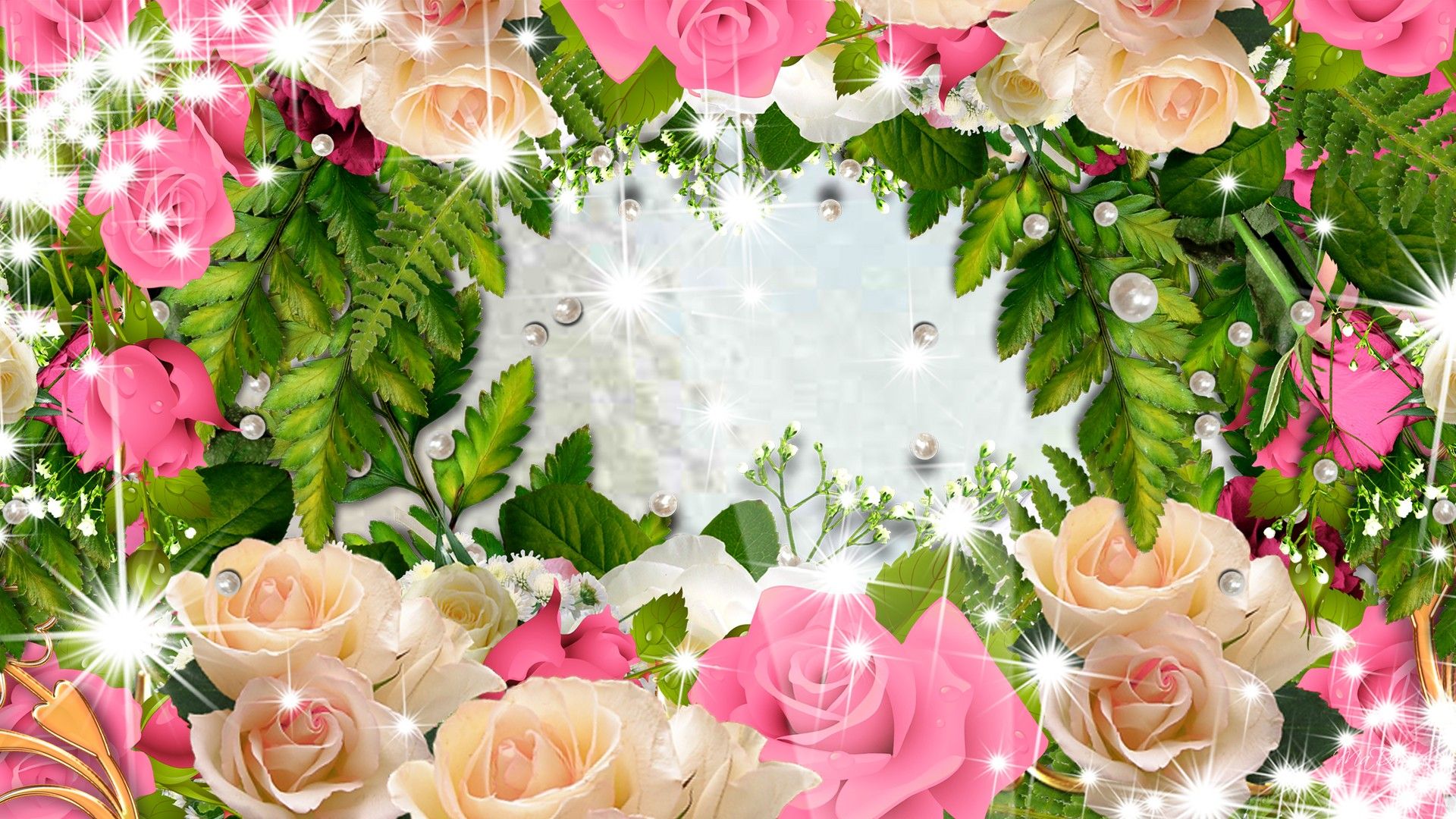 Скачать обои бесплатно Цветок, Папоротник, Роза, Блестки, Художественные, Розовый Цветок, Персиковый Цветок картинка на рабочий стол ПК