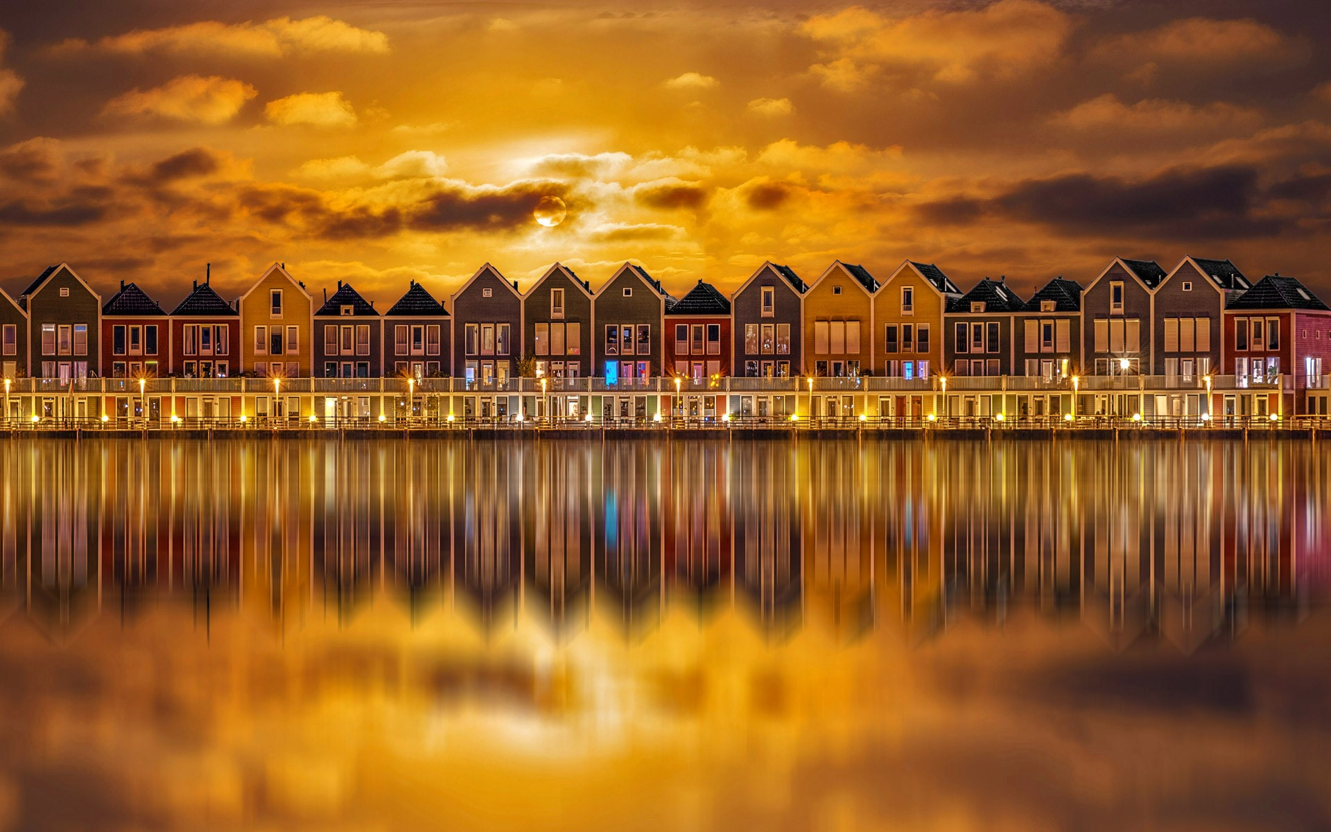 Download mobile wallpaper Cities, Sunset, City, Reflection, House, Colorful, Netherlands, Town, Man Made, Houten for free.