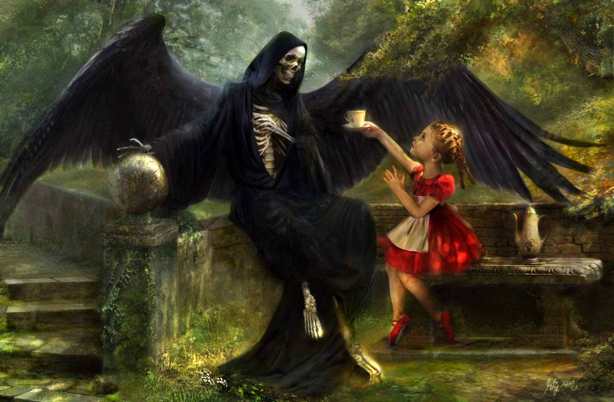 Free download wallpaper Fantasy, Death, Dark, Child, Skeleton, Grim Reaper, Little Girl on your PC desktop