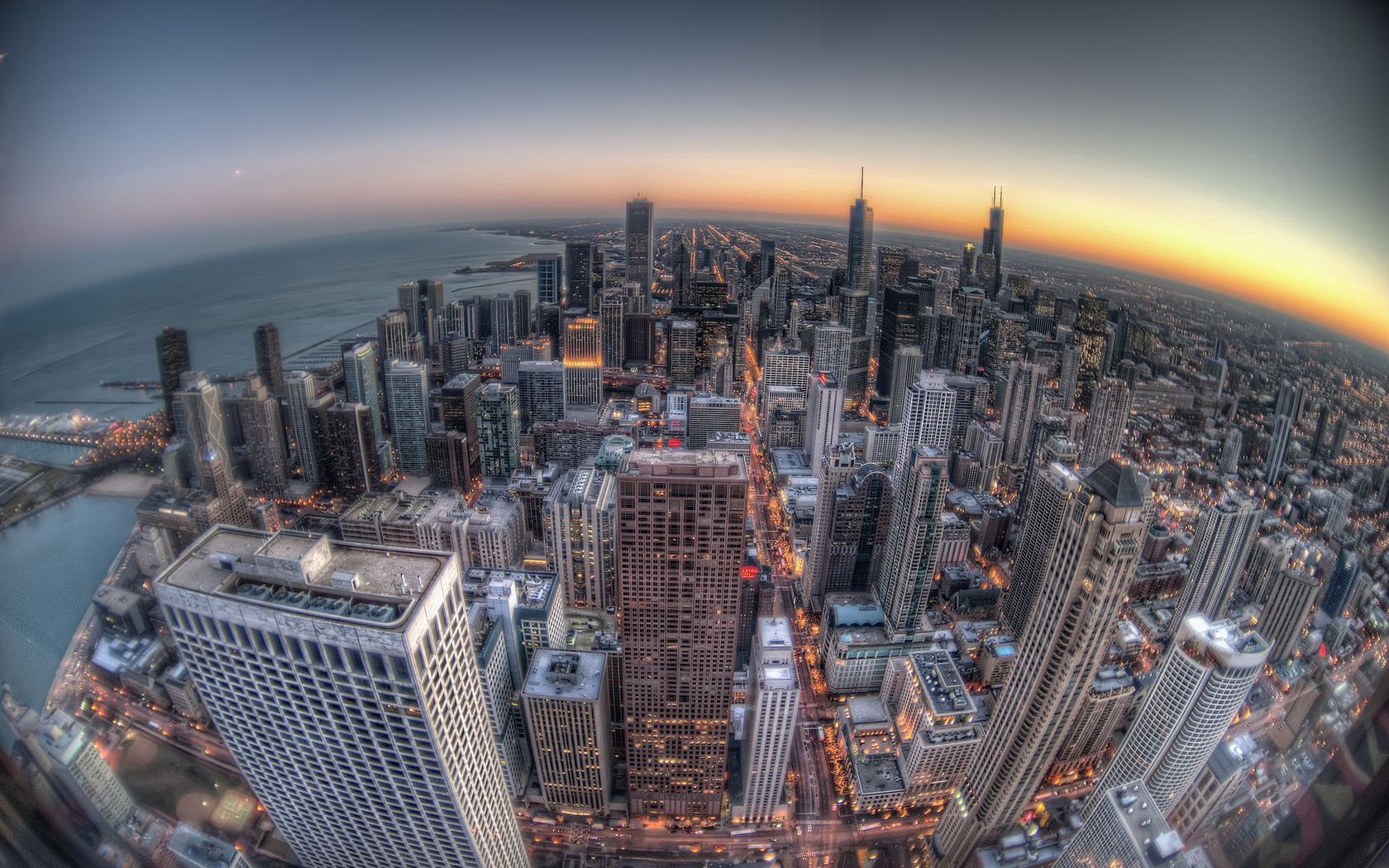 skyscrapers, cities, sunset, building, chicago, fish eye