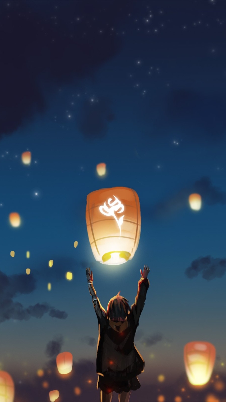 Download mobile wallpaper Anime, Sky, Night, Lantern, Original for free.
