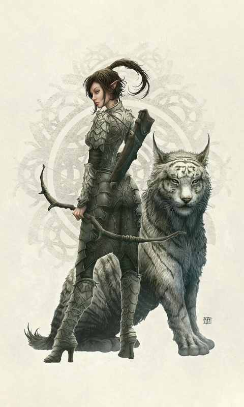 Download mobile wallpaper Fantasy, White Tiger, Elf, Archer, Woman Warrior for free.