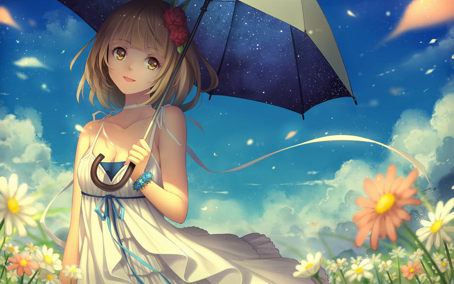 Laden Sie das Mädchen, Blume, Regenschirm, Animes-Bild kostenlos auf Ihren PC-Desktop herunter