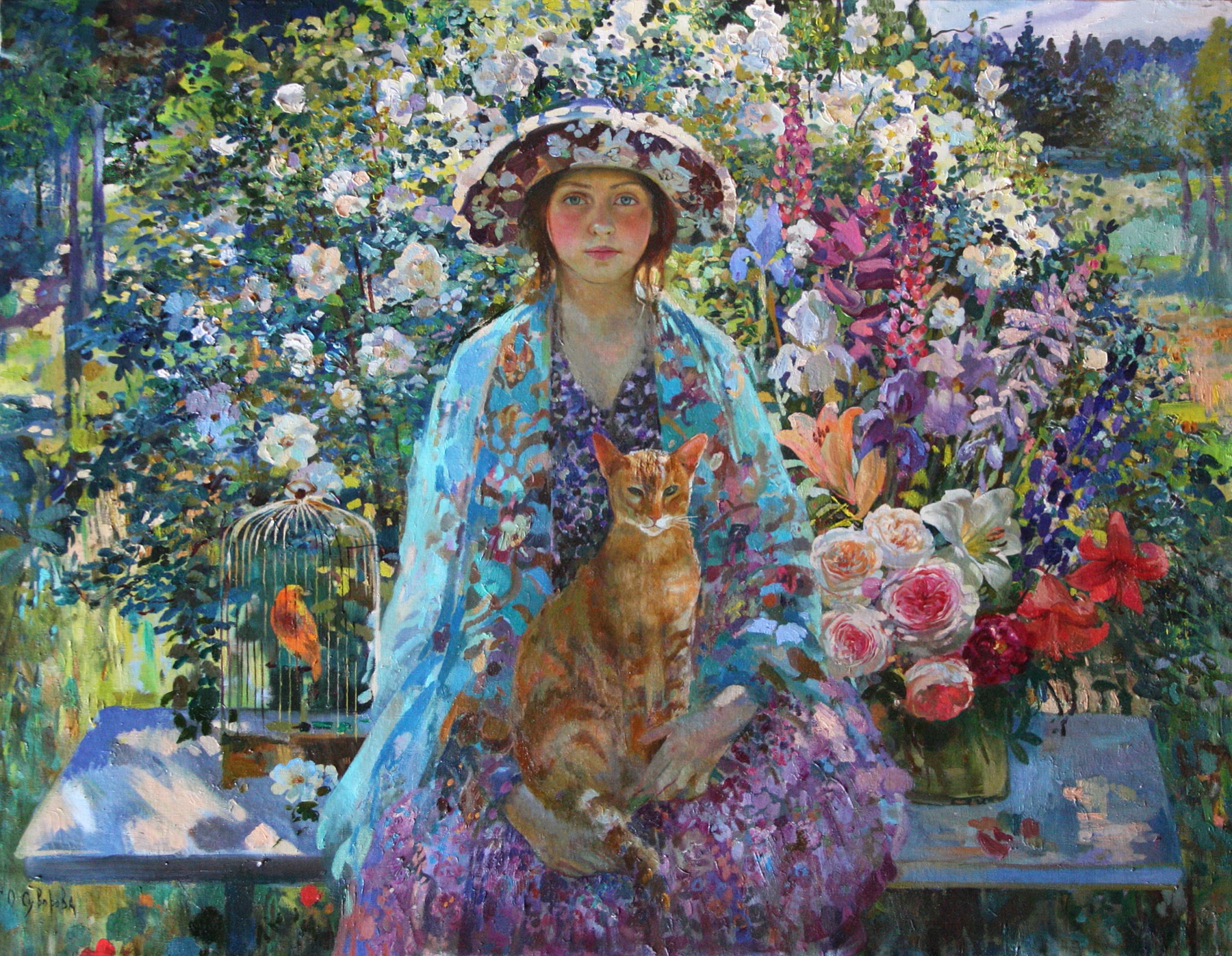 Download mobile wallpaper Flower, Cat, Garden, Painting, Artistic, Birdcage for free.
