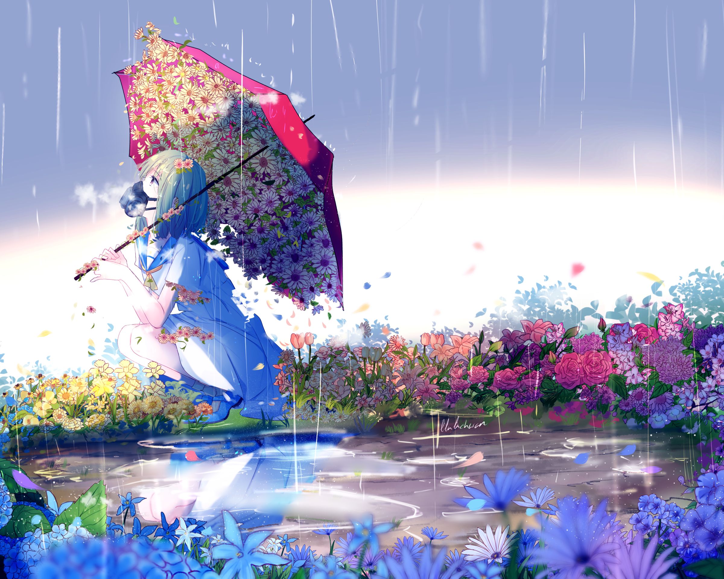Download mobile wallpaper Anime, Rain, Reflection, Flower, Umbrella, Original, Short Hair for free.