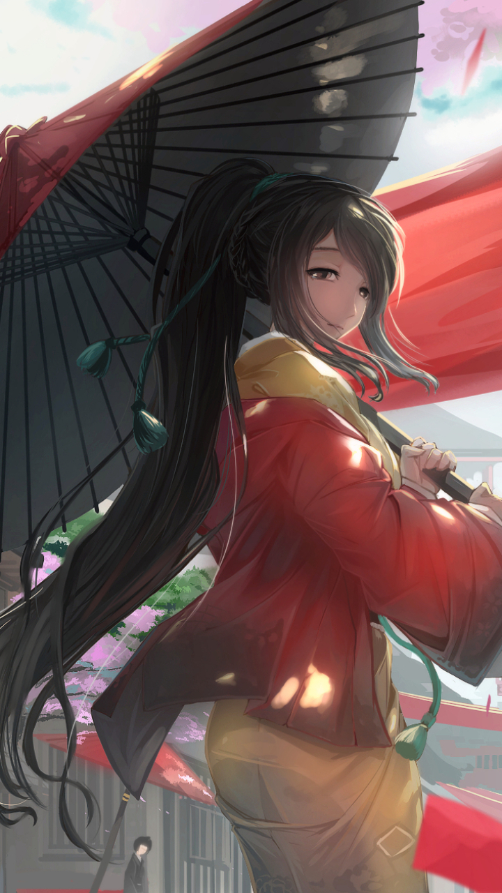 Download mobile wallpaper Anime, Umbrella, Kimono, Original, Brown Eyes, Long Hair, Brown Hair for free.