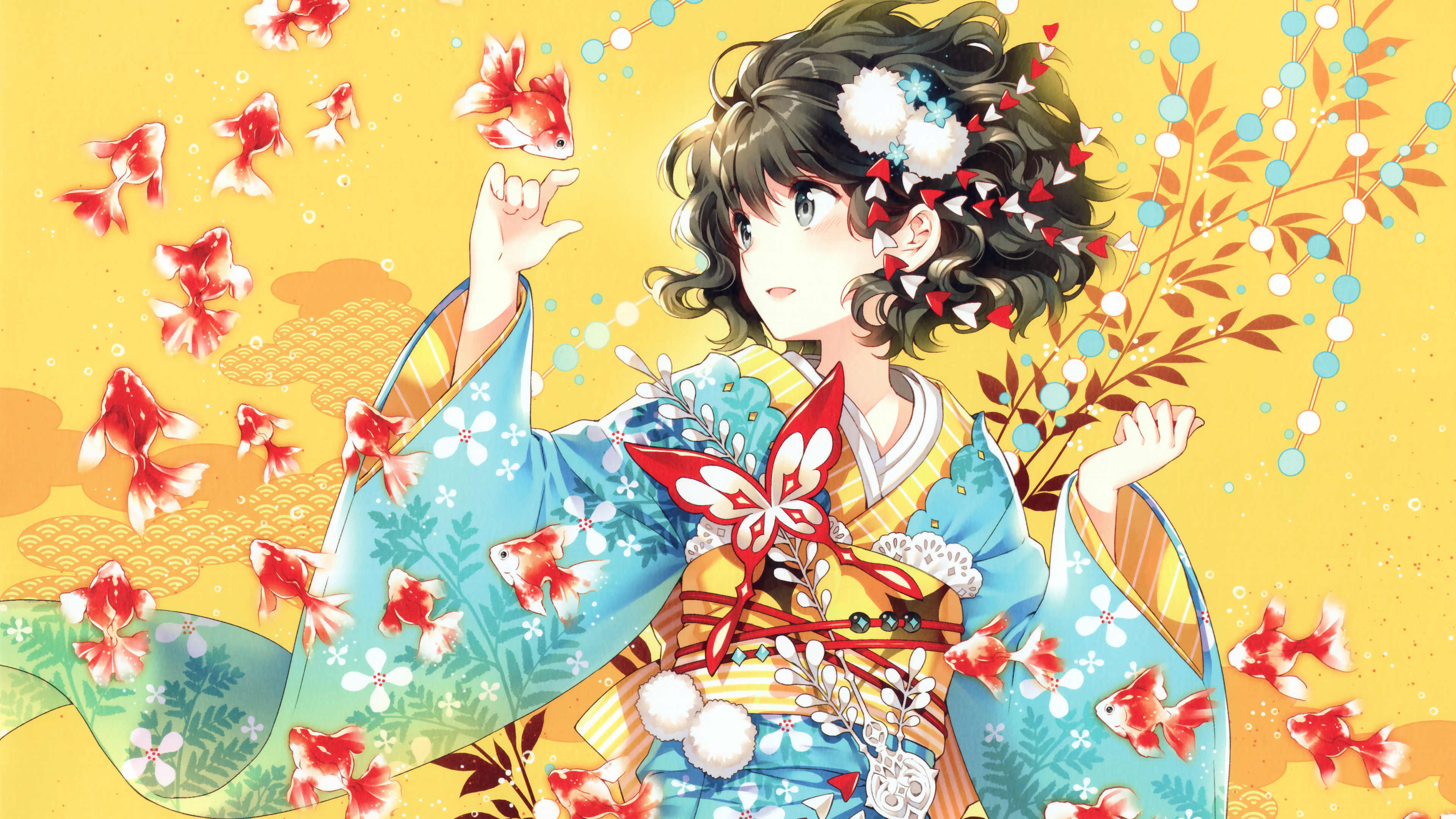 Free download wallpaper Anime, Flower, Fish, Kimono, Original, Black Hair, Short Hair on your PC desktop