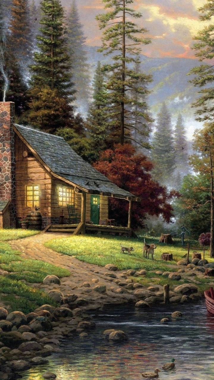 Download mobile wallpaper Tree, Painting, Artistic, Cabin for free.