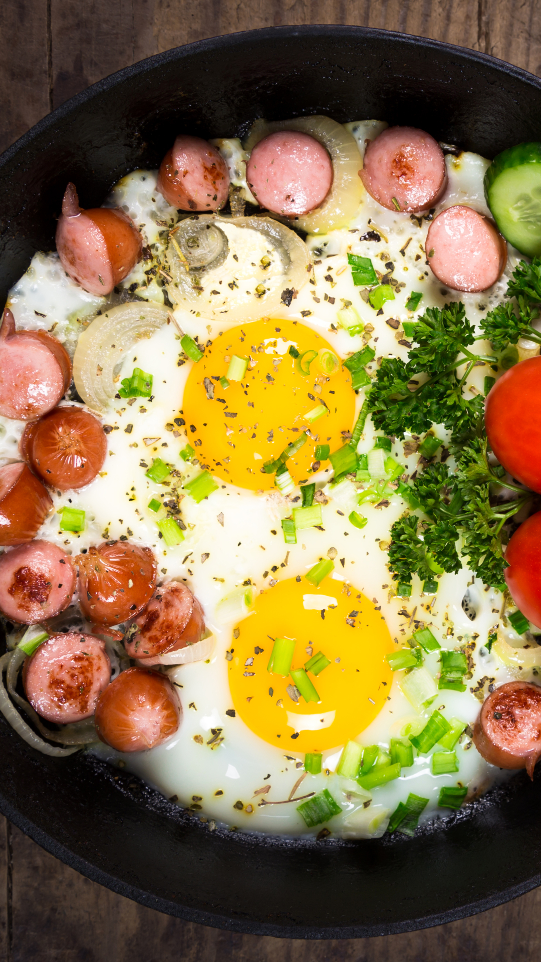 Download mobile wallpaper Food, Egg, Tomato, Sausage, Cucumber for free.