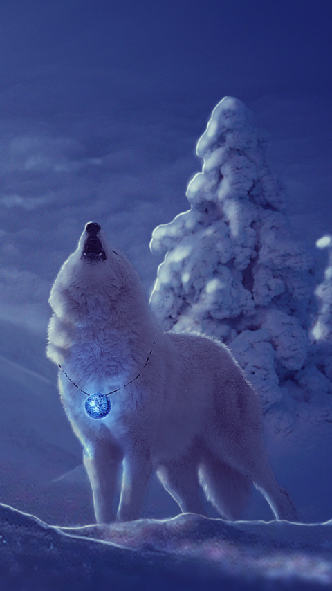 Скачать картинку Животные, Волки, Зима, Ночь, Луна, Снег, Дерево, Волк, Белый Волк в телефон бесплатно.