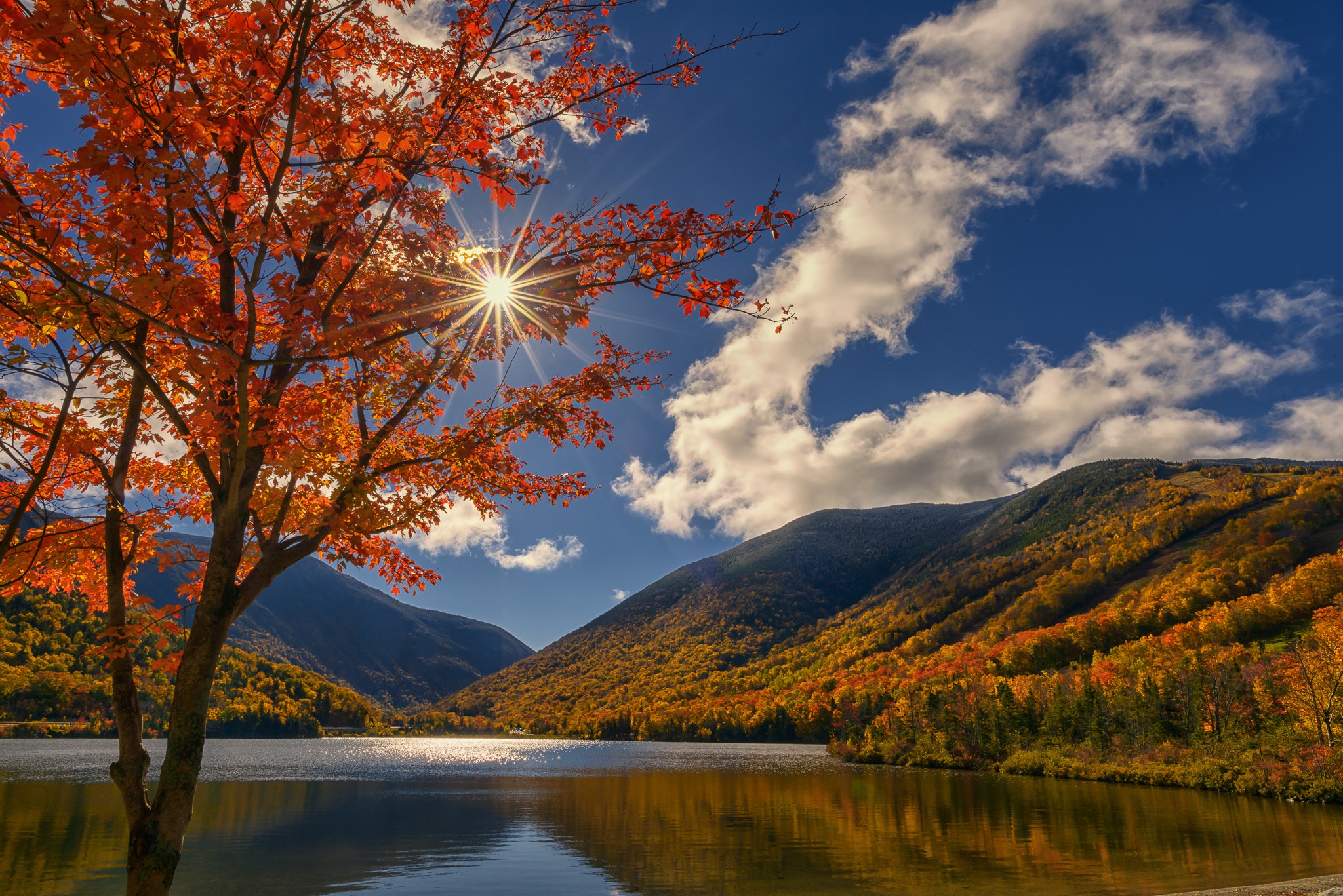 Free download wallpaper Landscape, Nature, Lakes, Lake, Tree, Fall, Earth, Cloud, Sunbeam on your PC desktop