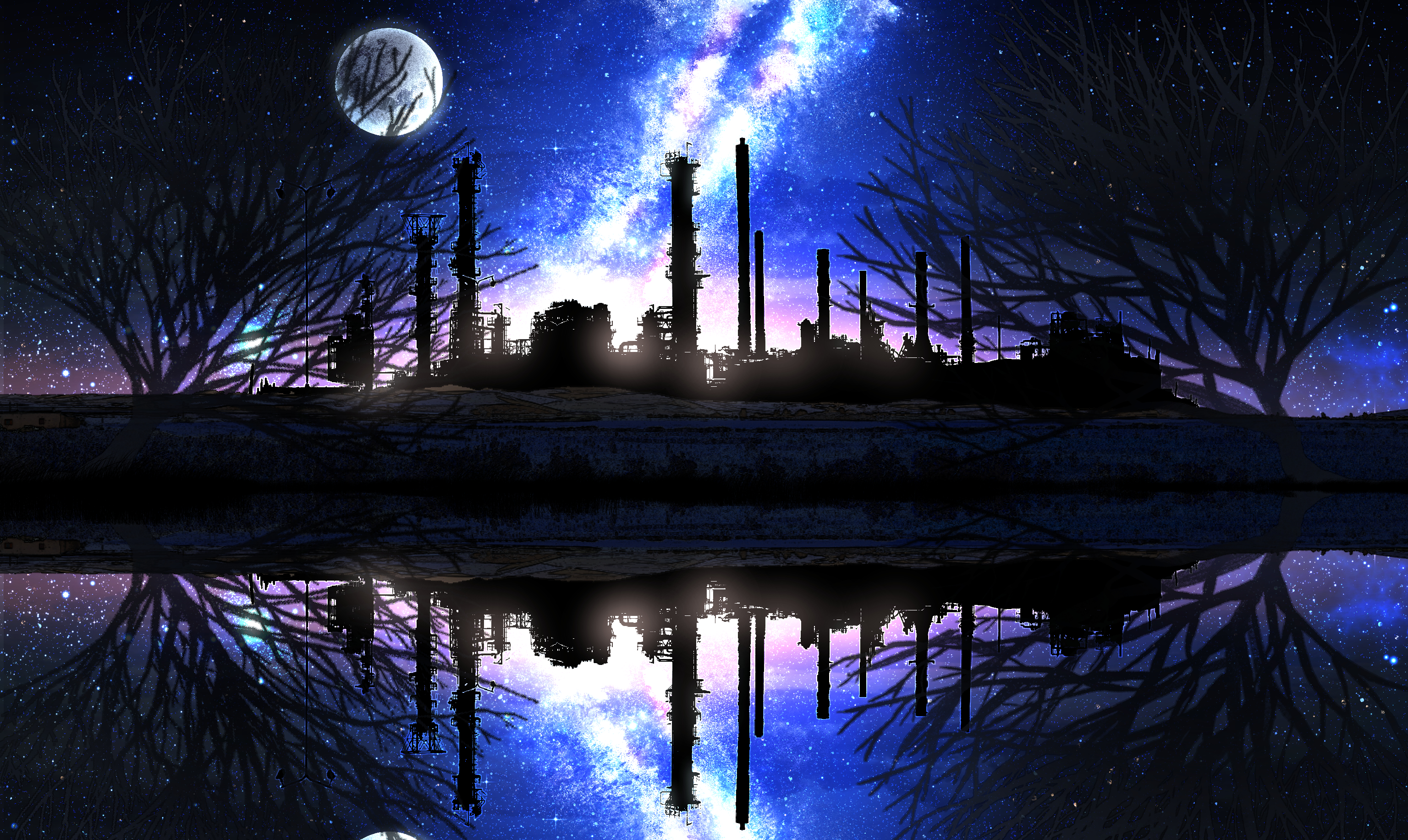 Free download wallpaper Anime, Night, Moon, Lake, Reflection, Starry Sky, Factory on your PC desktop
