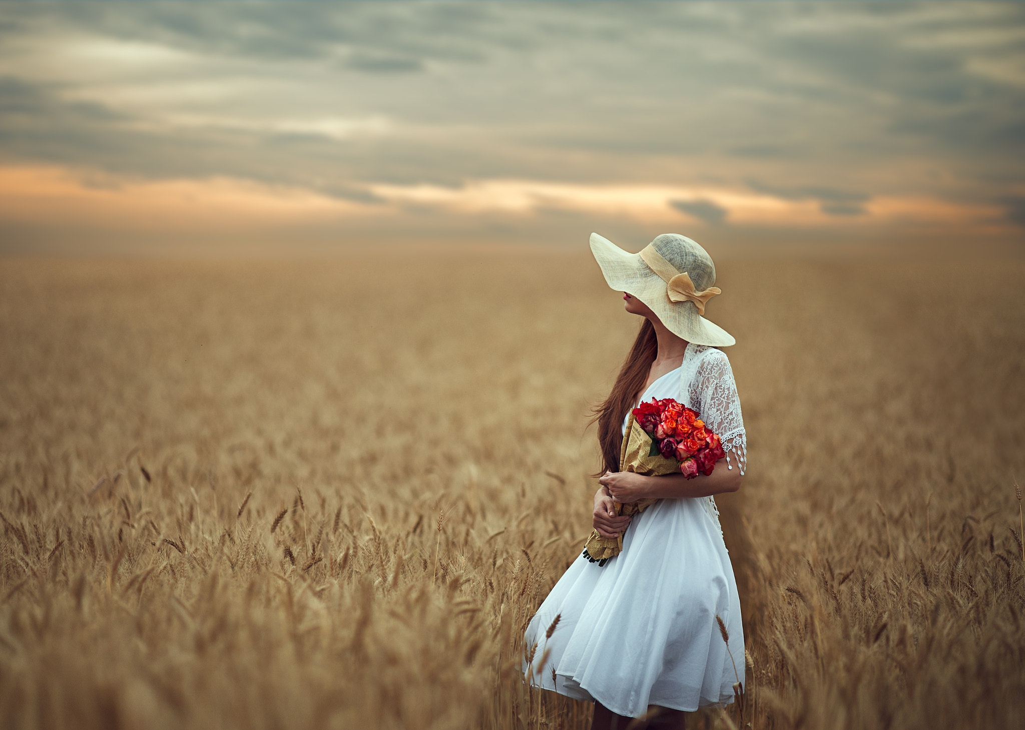 Free download wallpaper Wheat, Redhead, Mood, Hat, Model, Women, White Dress on your PC desktop