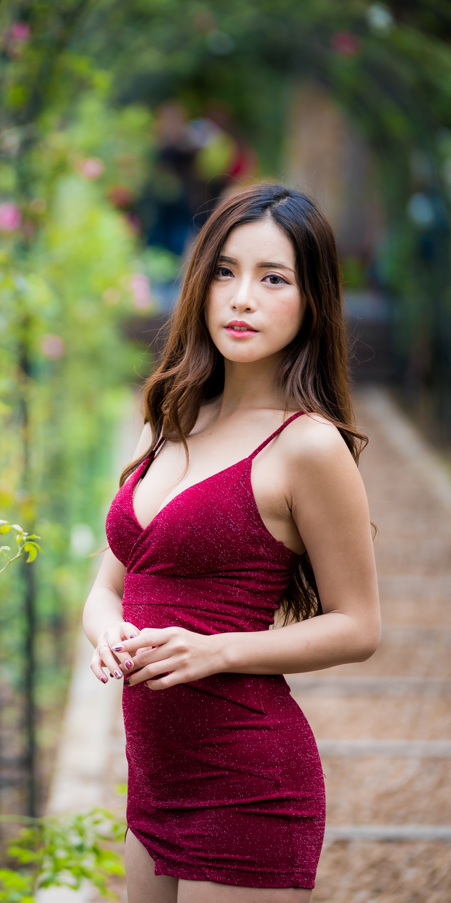 Download mobile wallpaper Brunette, Model, Women, Asian, Purple Dress, Depth Of Field for free.