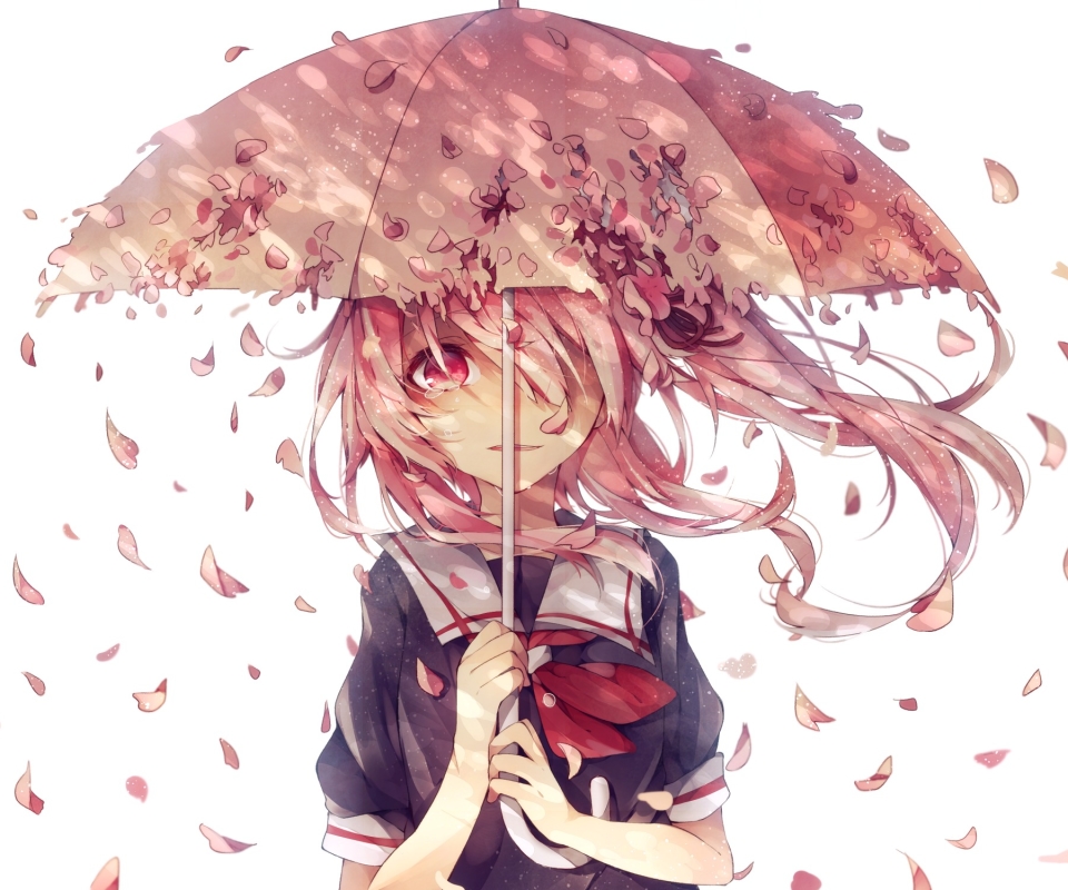 anime, kantai collection, pink hair, school uniform, pink eyes, petal, tears, umbrella, long hair, harusame (kancolle)