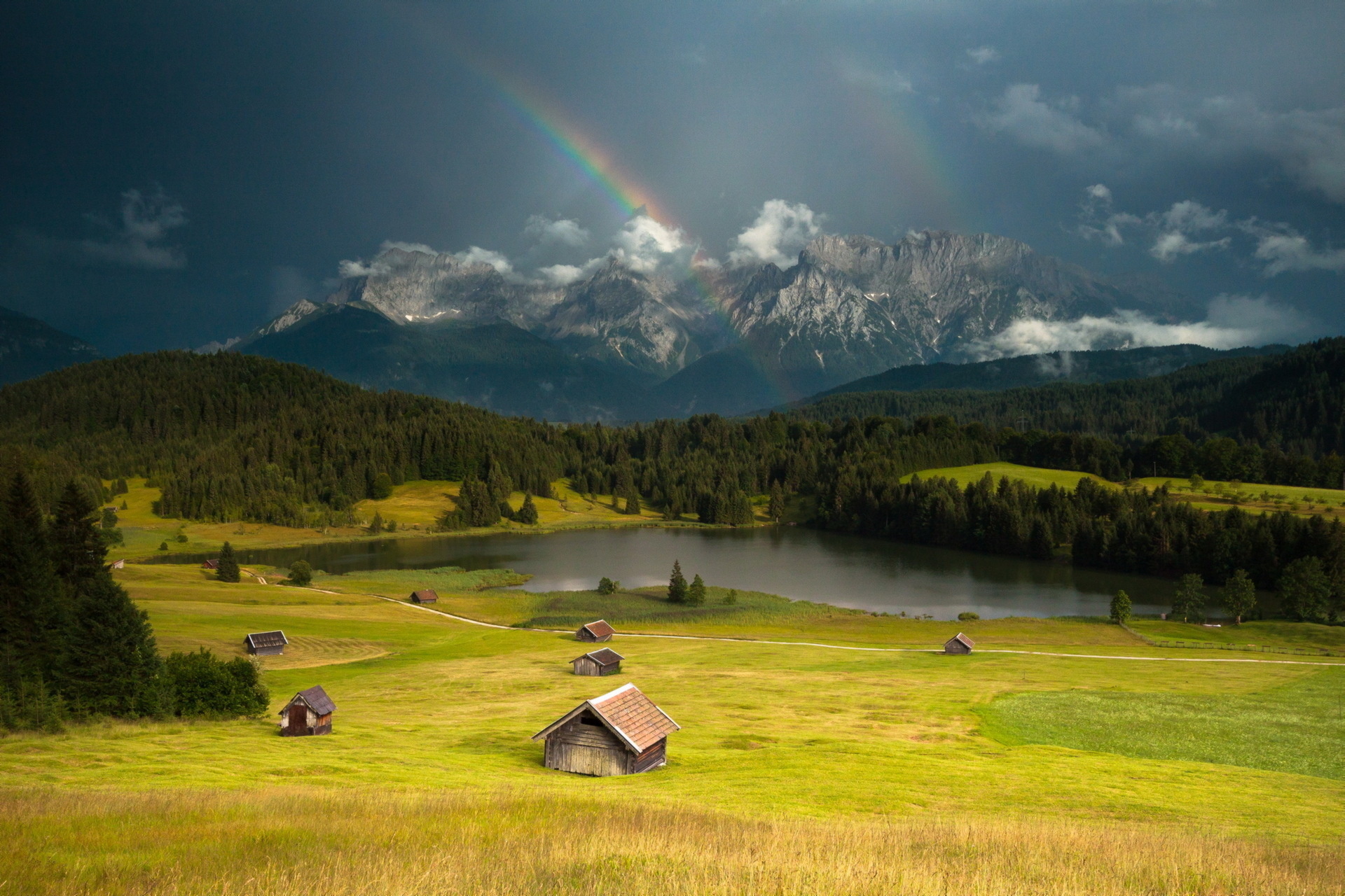 Download mobile wallpaper Landscape, Rainbow, Mountain, Forest, House, Earth, Photography for free.
