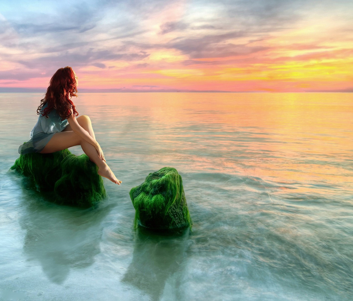 Download mobile wallpaper Sunset, Ocean, Redhead, Moss, Mood, Women for free.